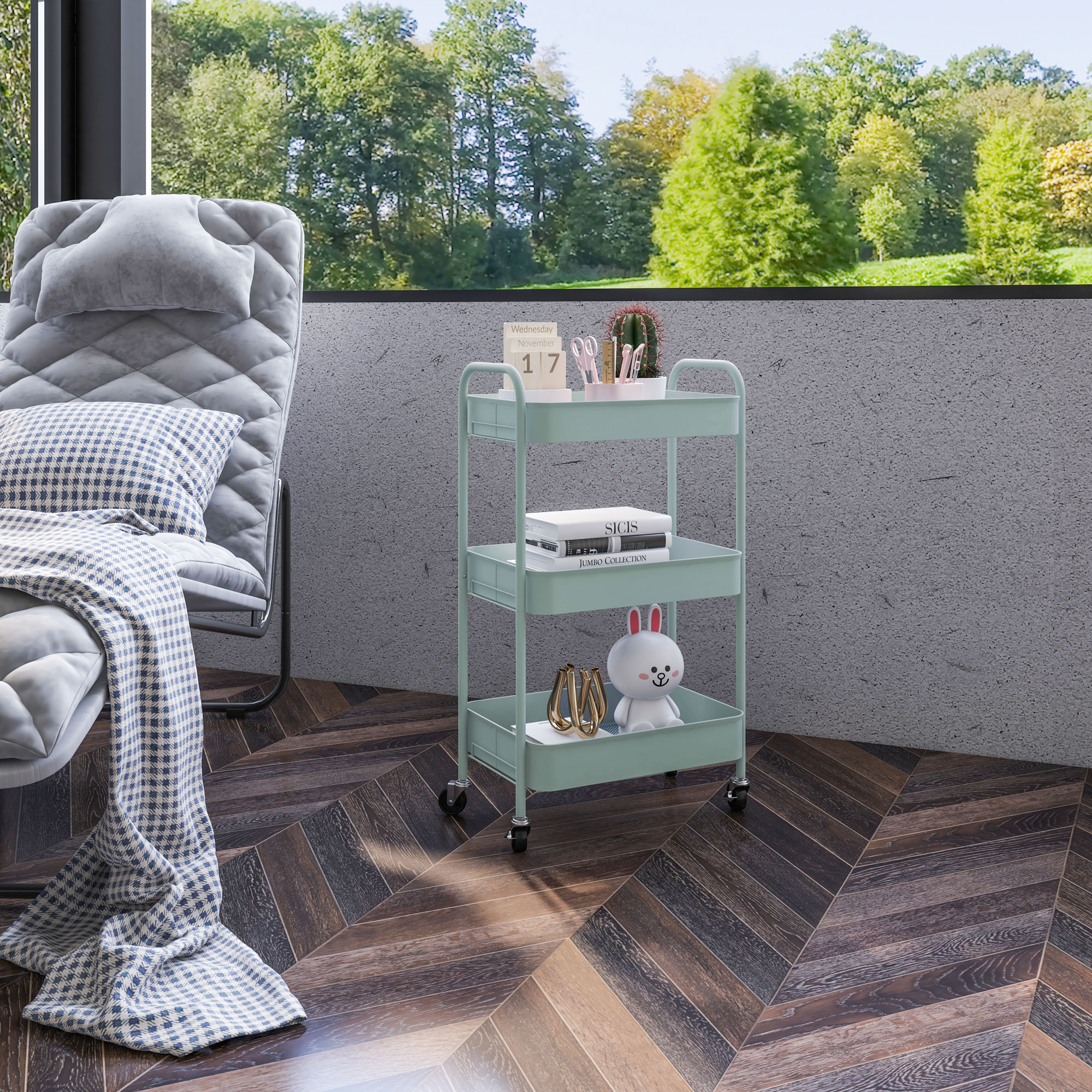  Carucior de Bucatarie cu 3 Niveluri, Manere si 4 Rotile, 45x30,6x79 cm, Albastru Deschis [6]