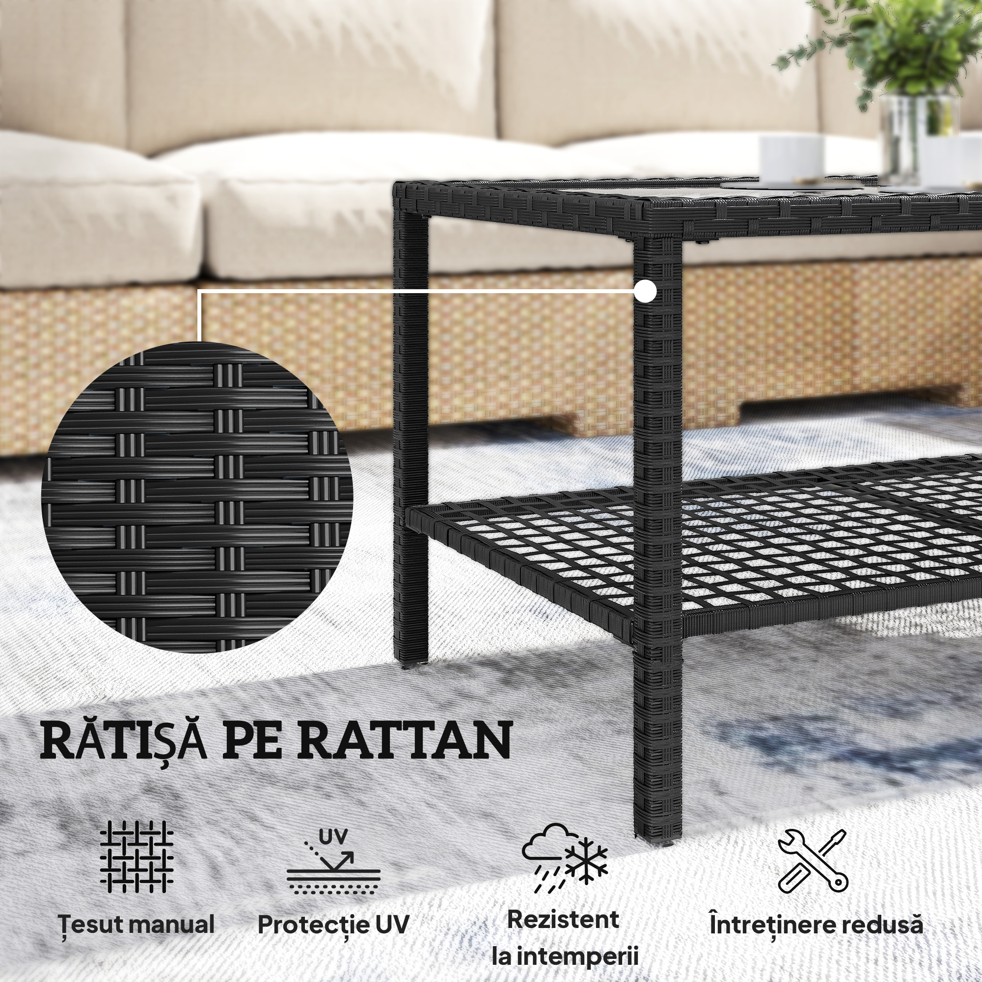  Masuta de Cafea din Ratan pe 2 Niveluri cu Raft, Blat din Sticla Securizata, Masuta de Exterior cu Cadru din Otel, 92x50x45 cm, Negru [4]