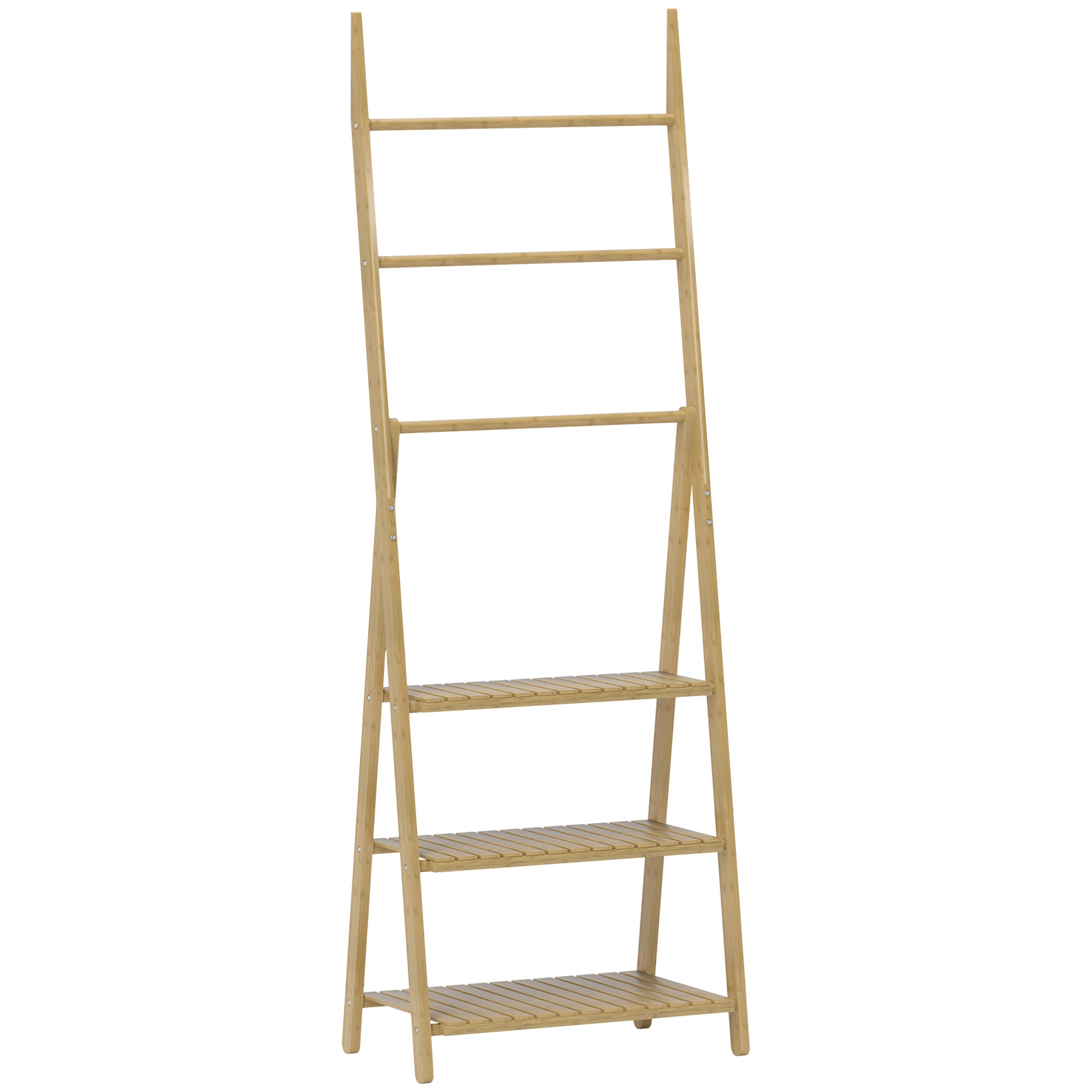 Baie -  Raft de Baie Pliabil pentru Prosoape cu 3 Rafturi si 3 Bare,  53,5x30x153 cm, Lemn Natural