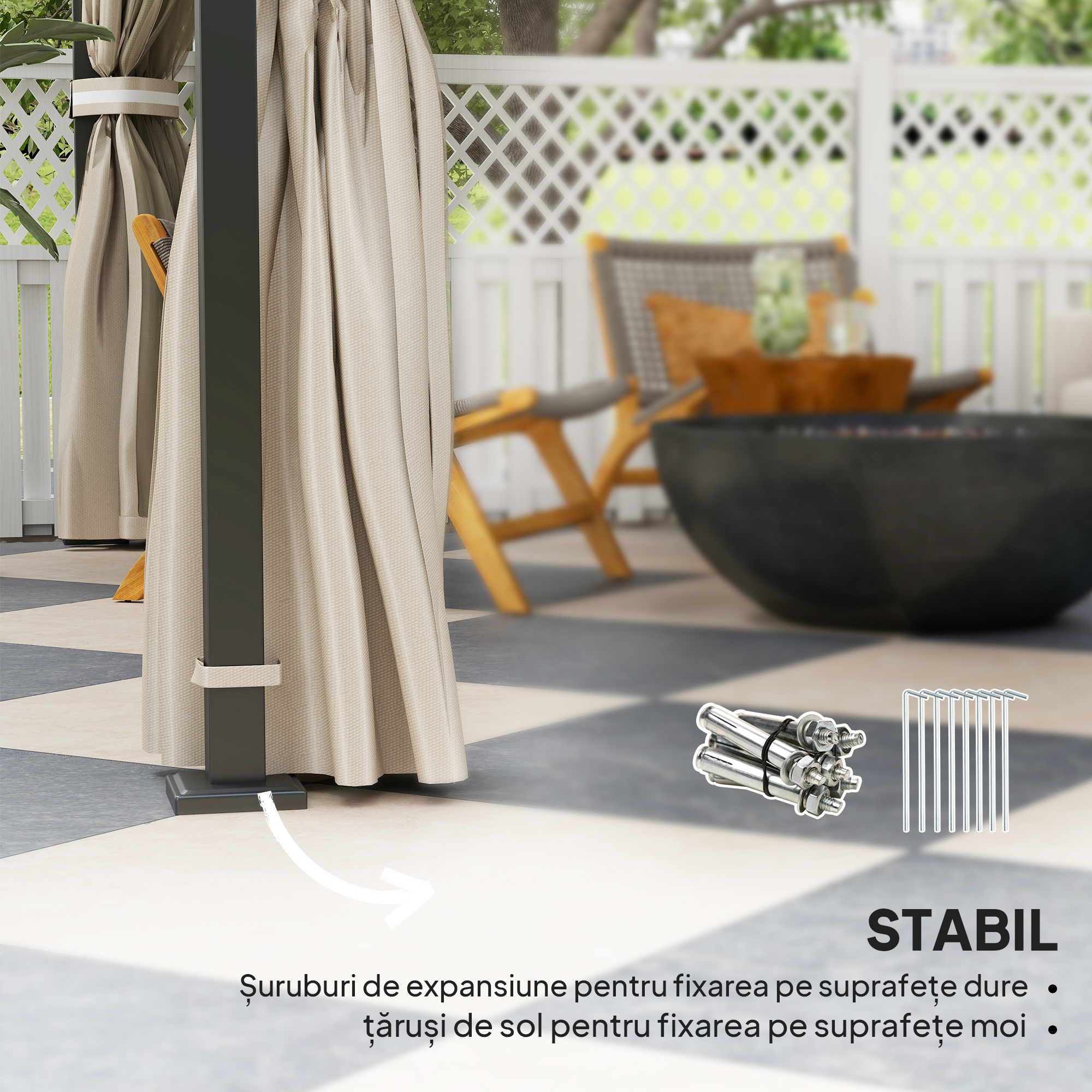  Pavilion pentru Exterior cu Baldachin, Acoperis Dublu, Plasa si Draperii, 370x303x290 cm, Bej [6]