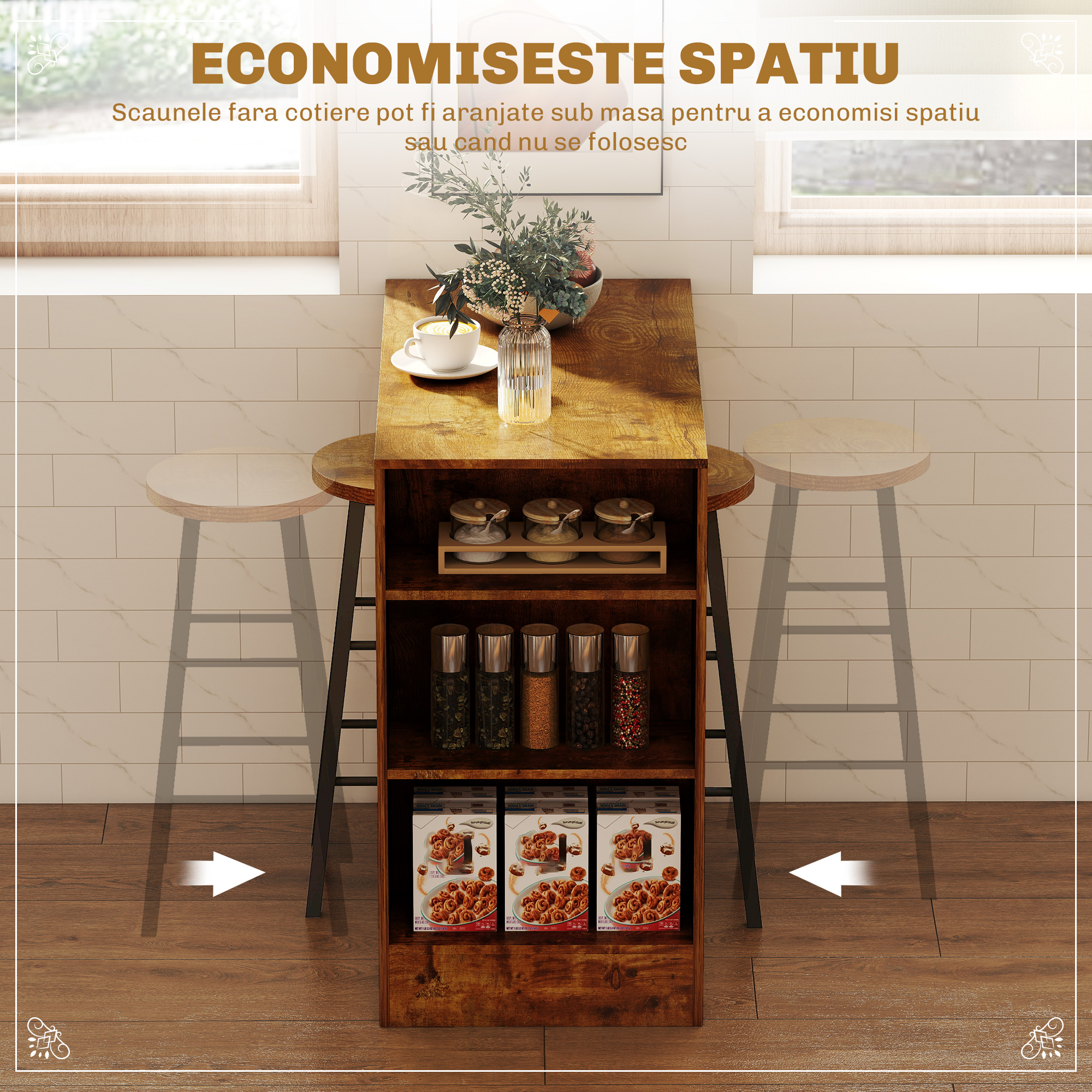  Set de masa cu bar cu 3 rafturi si 2 scaune inalte cu suport pentru picioare, stil industrial, maro [3]