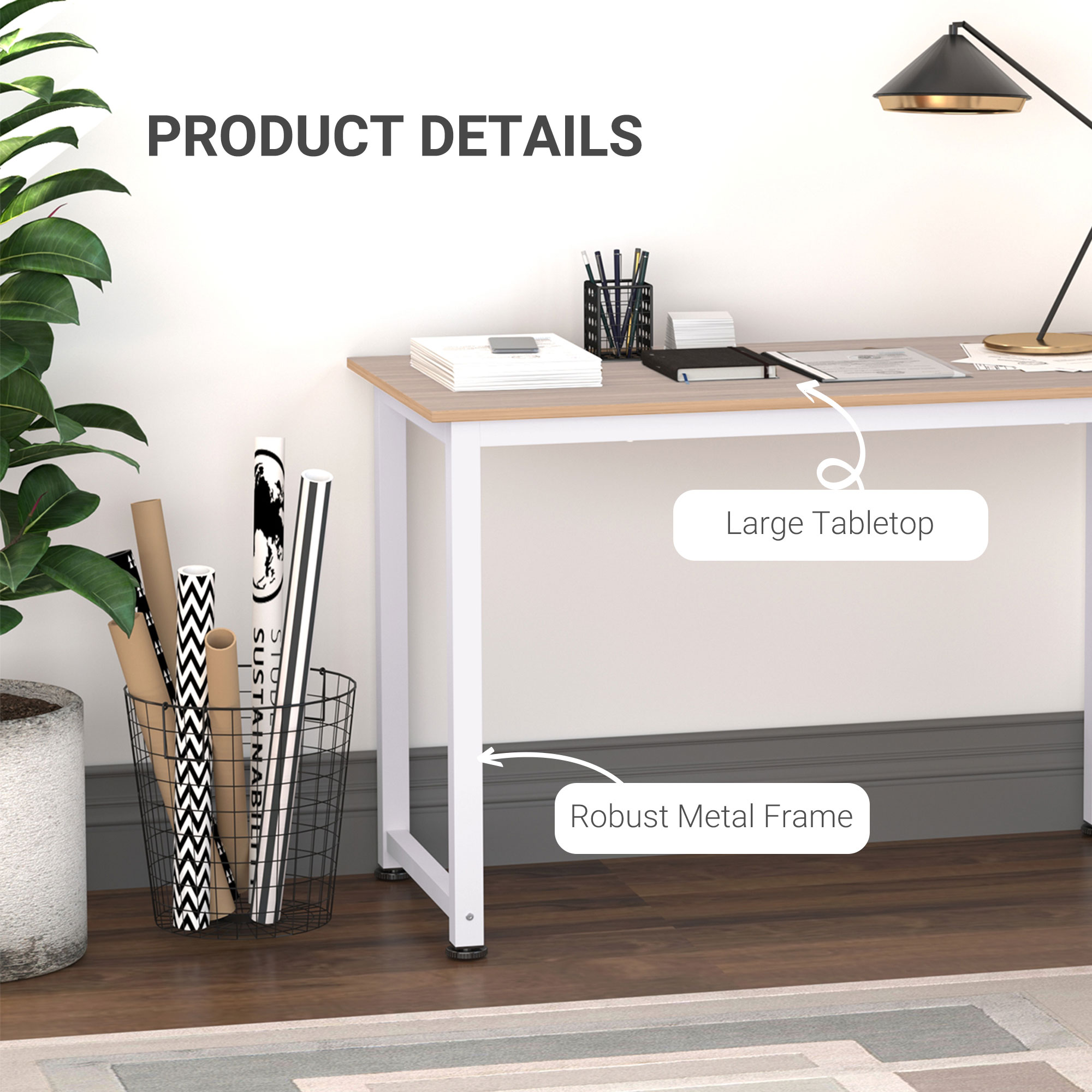  Birou Modern din MDF Stejar - Picioare Metalice Albe [5]