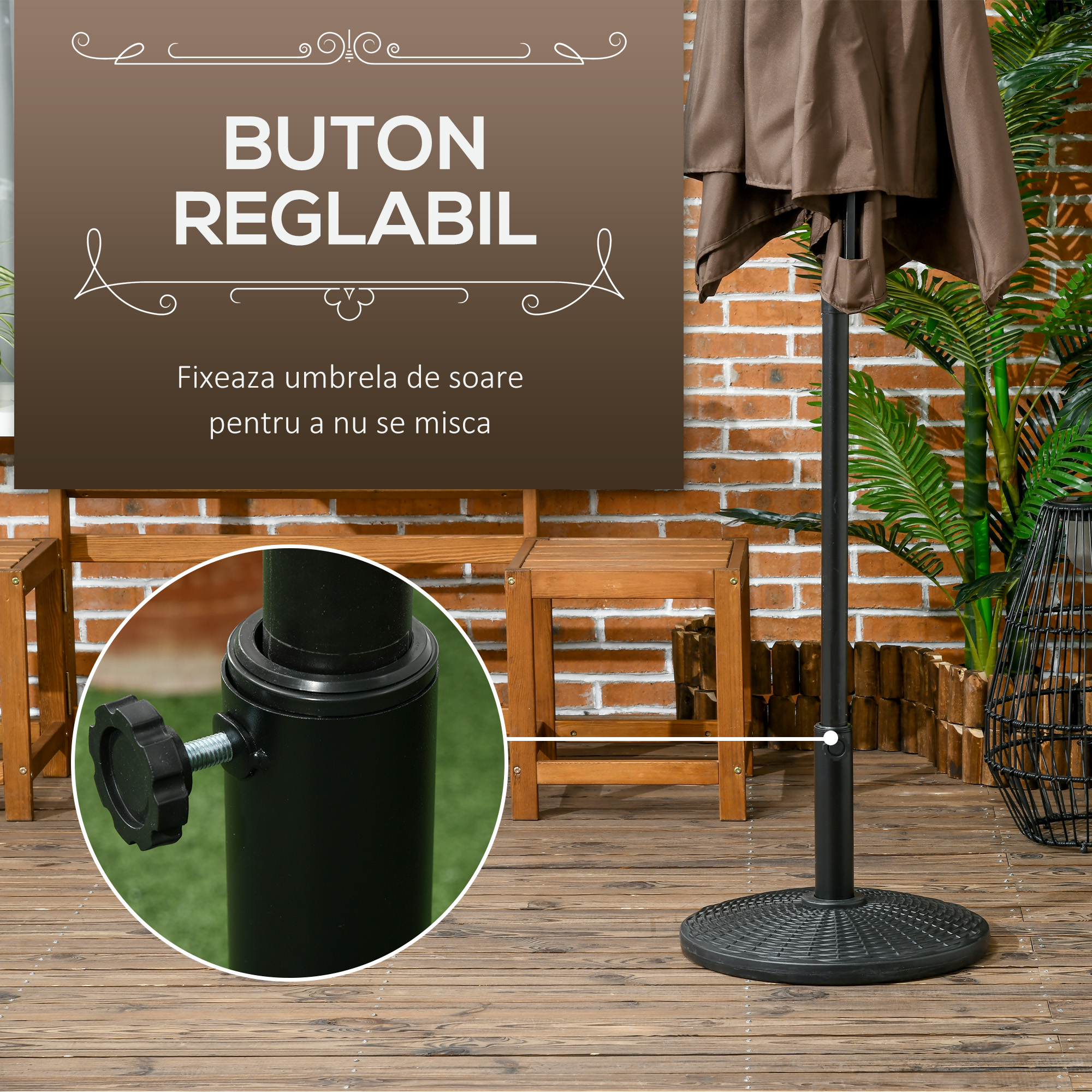  Baza Rotunda pentru Umbrela, Efect Ratan, de 12,5 kg, Suport pentru Stalpi de 38mm si 48mm, Ø44,5 cm, Negru [3]