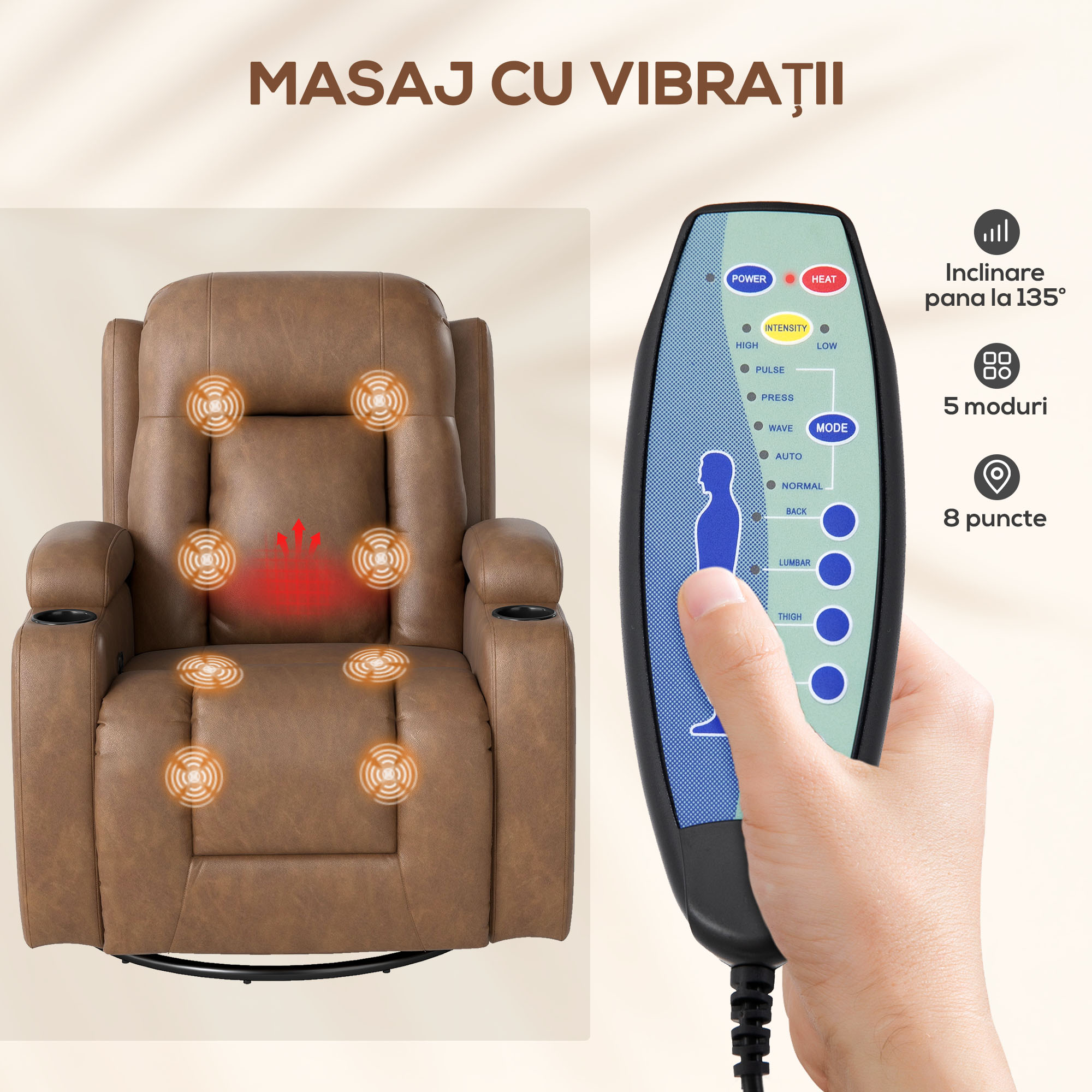  Fotoliu Relax Rabatabil cu Functie de Masaj si incalzire din Piele Ecologica cu 8 Puncte de Masaj, Maro [3]