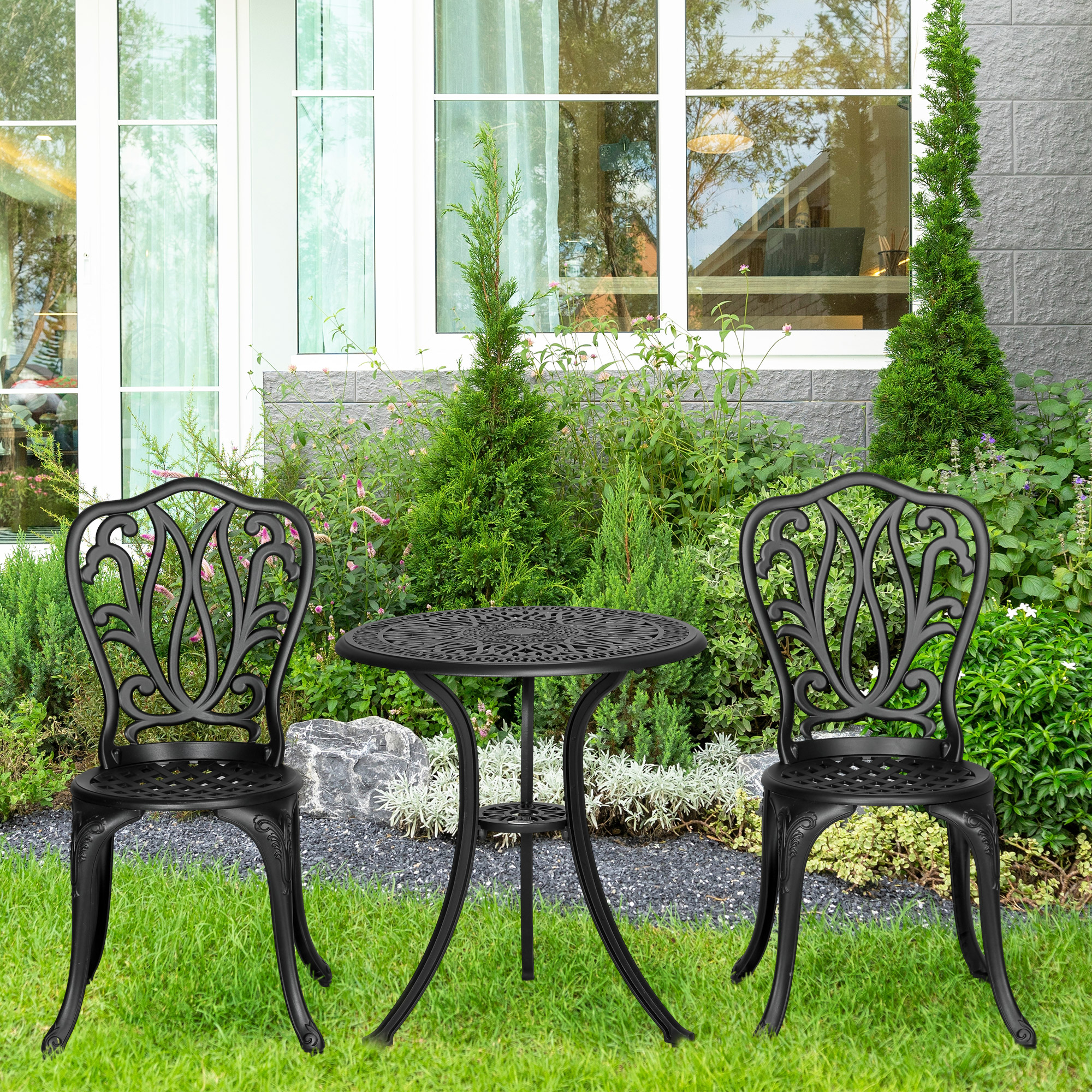  Set de Gradina Exterior, Masa Rotunda si Scaune din Aluminiu, Masa de Bistrou cu Orificiu pentru Umbrela, Mobilier pentru Terasa, Gradini, Verande, Balcoane, Langa Piscina - Negru [1]