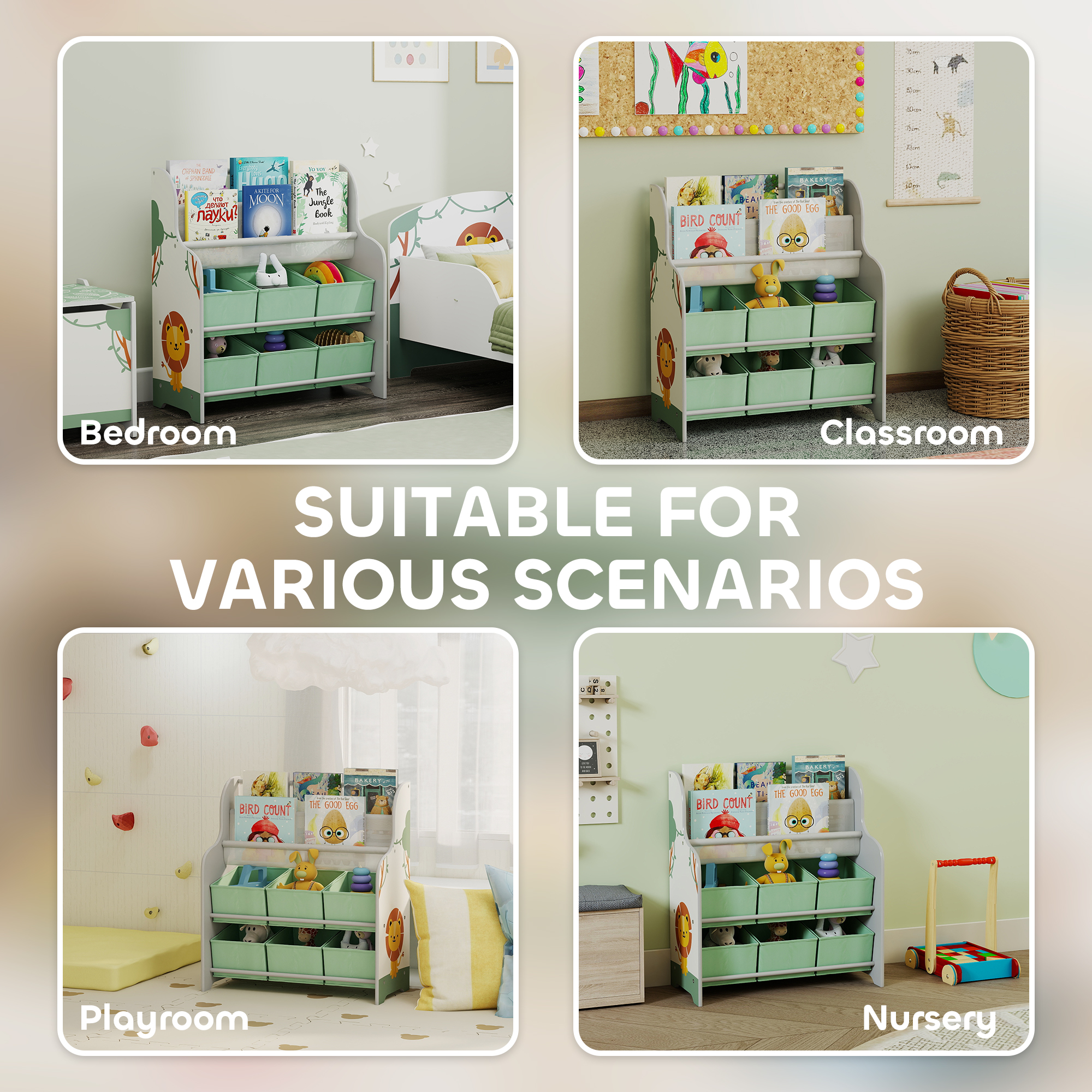  Raft Suport pentru Jucarii cu 6 Sertare si Biblioteca cu 2 Niveluri Verde [6]