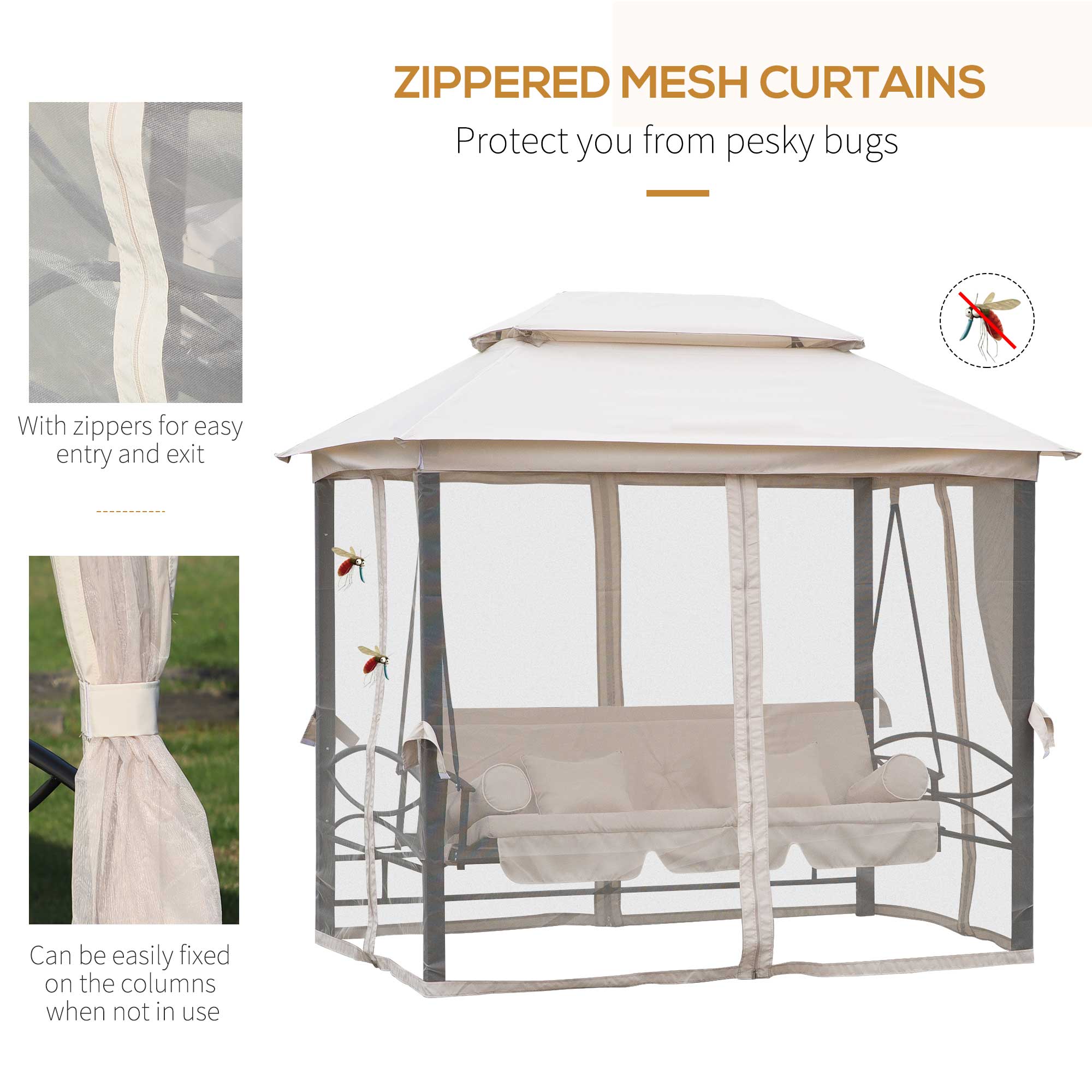  Foisor cu Canapea cu 3 locuri si plasa de tantari, 256x172x248cm Culoare Bej [3]