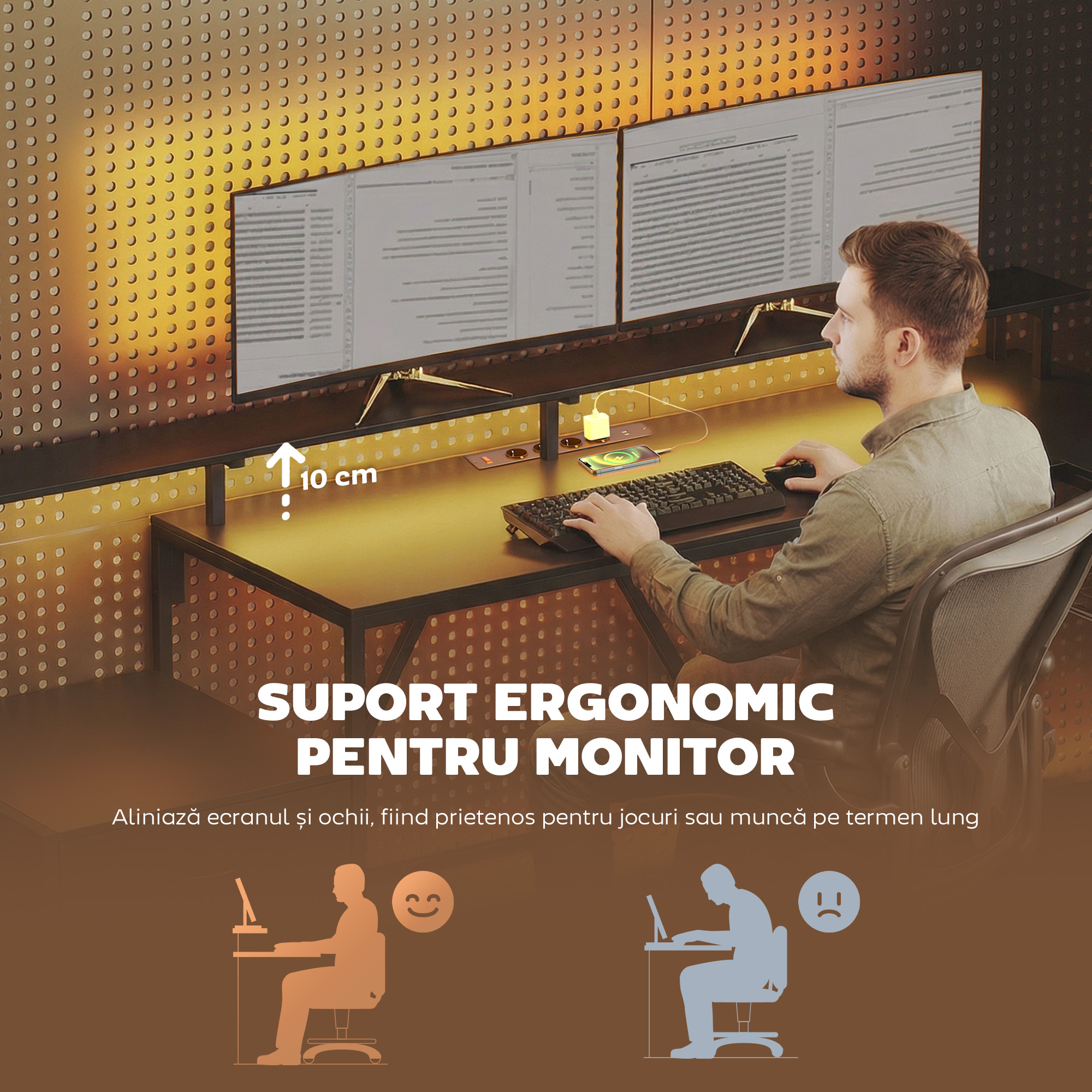  Birou Gaming Reversibil in Forma de L cu LED, 192,5cm Birou Coltar cu Prize Electrice, Suport Monitor si CPU, 2 Sertare din Material Textil pentru Documente A4/Legal, pentru Casa Birou Studio, Negru [6]