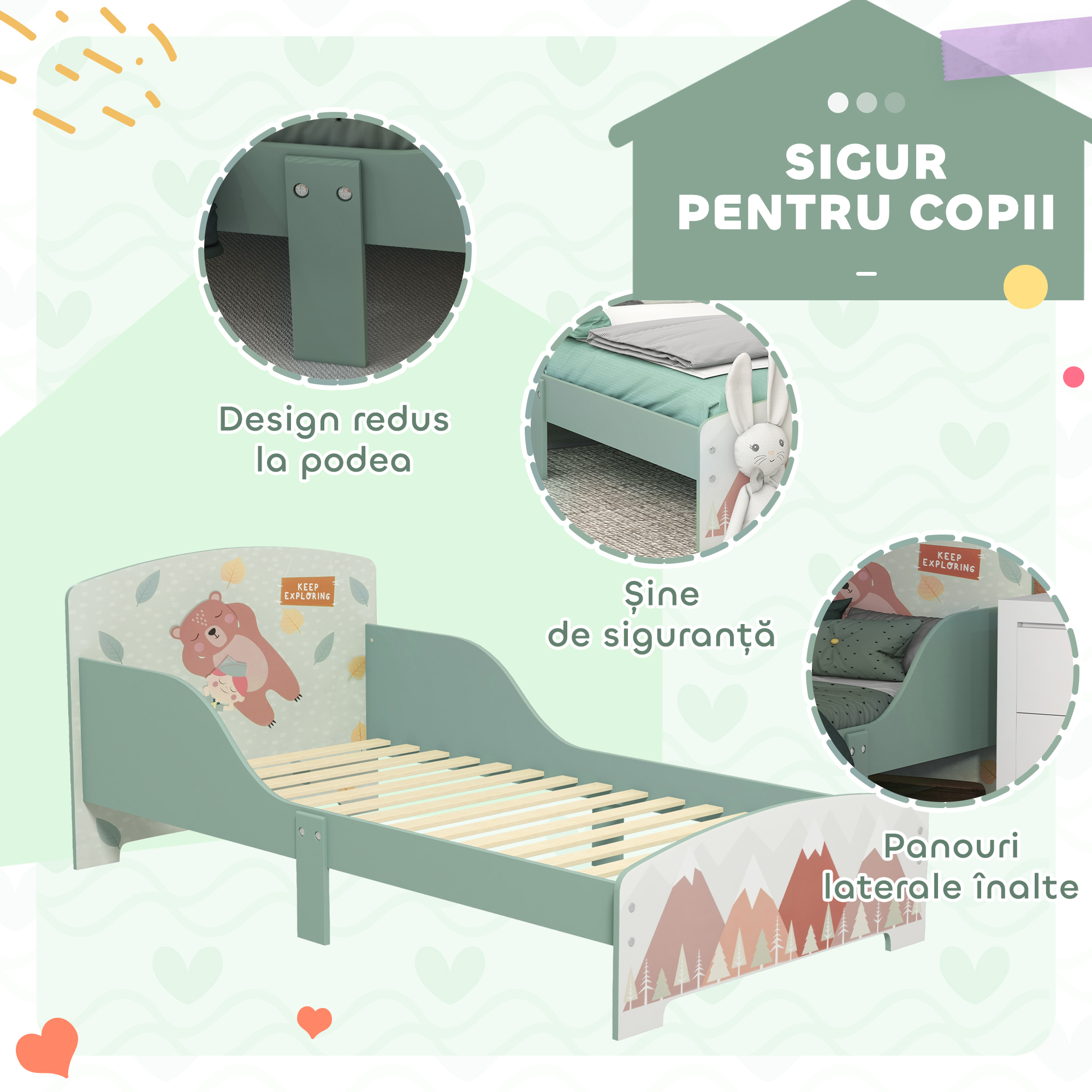  Pat pentru Copii 3-6 Ani cu Margini inaltate si Design cu Animale, 77x143x60 cm, Verde [4]