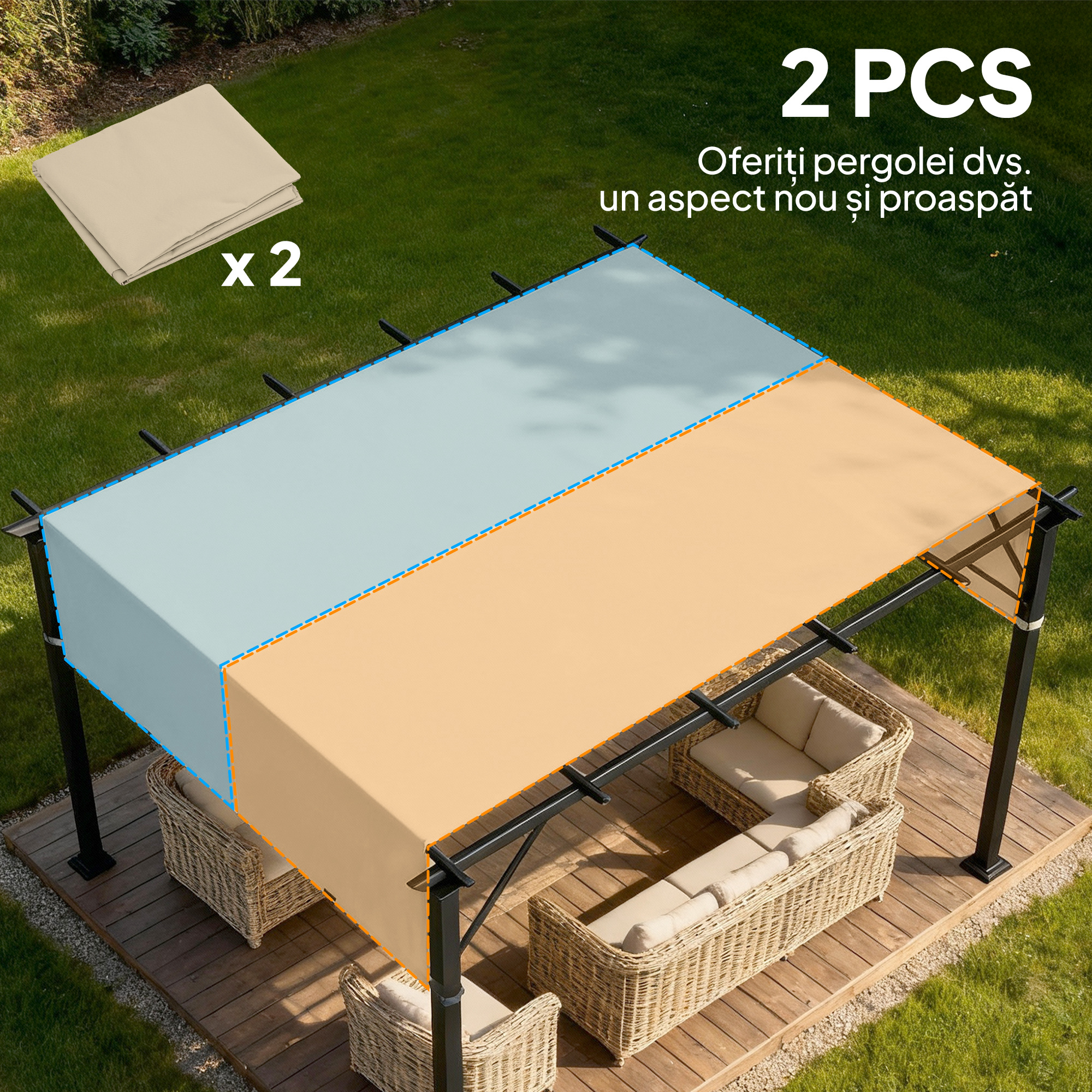  Copertina pentru Pergola 3x3 m din Poliester cu Buzunare si Benzi, 548x122 cm, Bej [3]