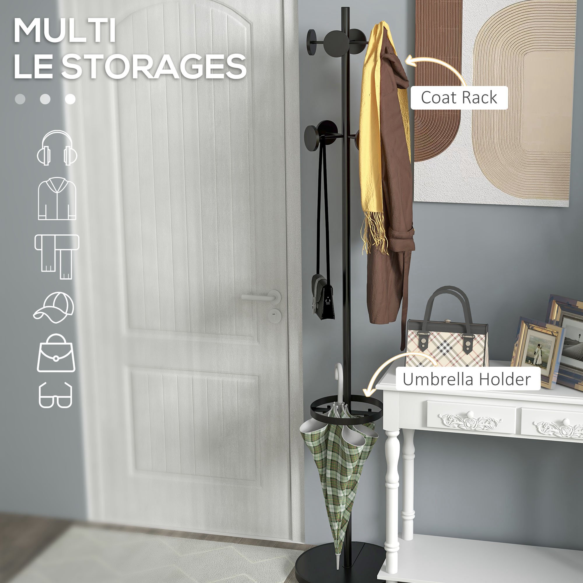  Suport pentru Haine si Umbrele, Cuier Independent cu 8 Carlige Rotunde pentru Haine, Palarii si Posete, Φ34x177 cm, Negru [3]