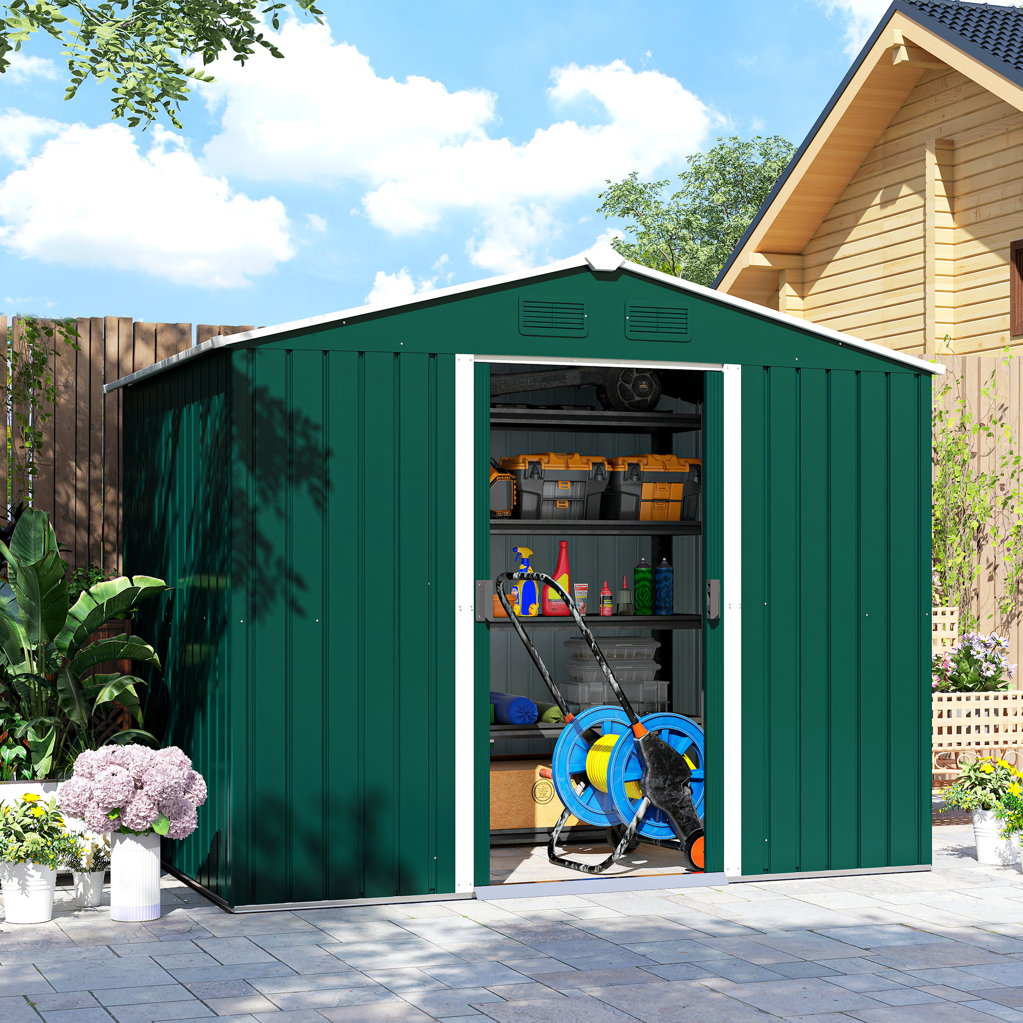  Magazie de Gradina 3,6m² din Foi de Otel cu 2 Usi Glisante si 4 Guri de Aerisire, 236x174x190 cm, Verde [8]