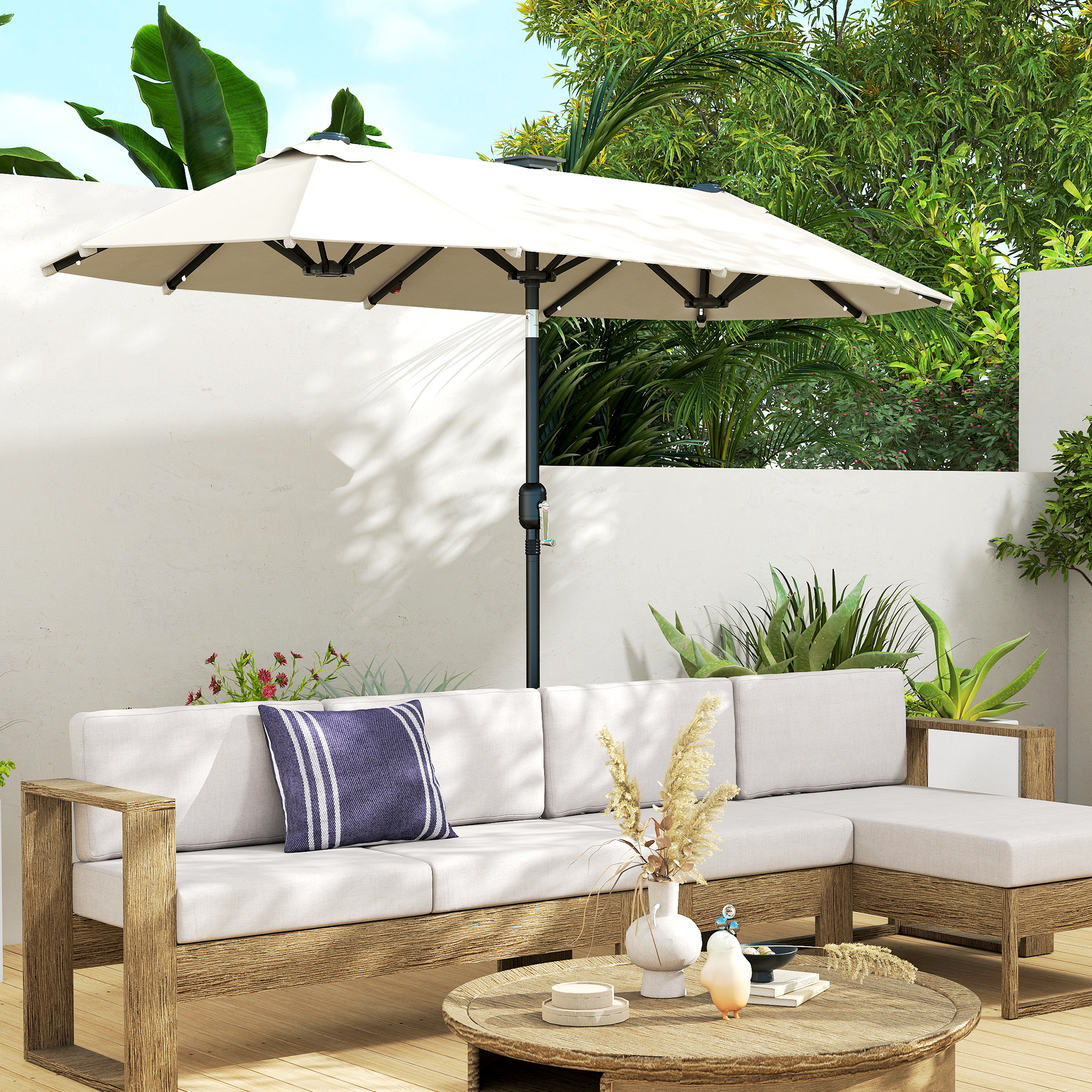  Umbrela Dubla cu Lumini LED si Manivela, din Poliester si Otel, 2.92x1.5x2.2 m, Bej [8]