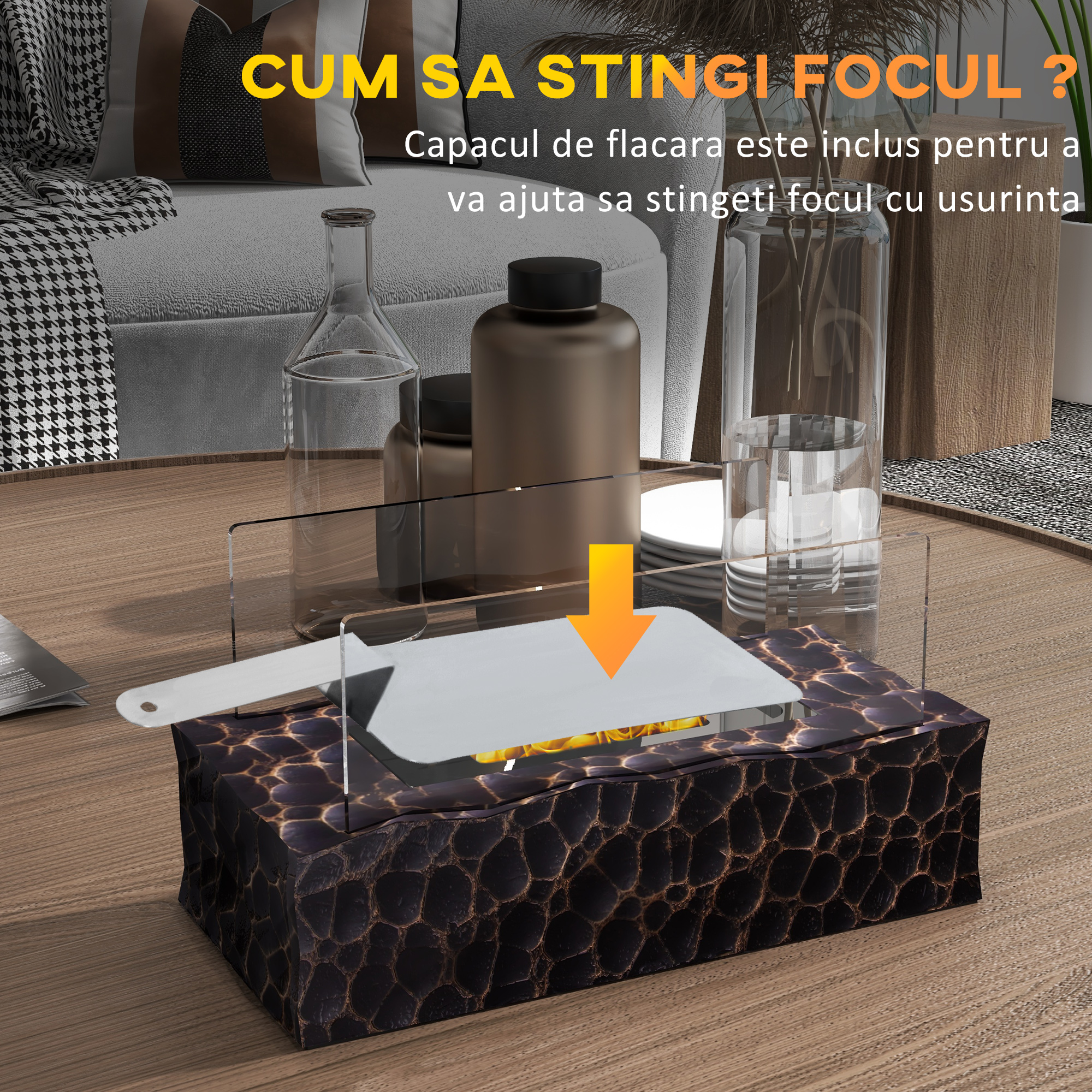  semineu cu Blat din Beton, Capac, Deflector din Sticla Securizata si Rezervor de 0,15L, 33x16x18 cm, Negru [5]