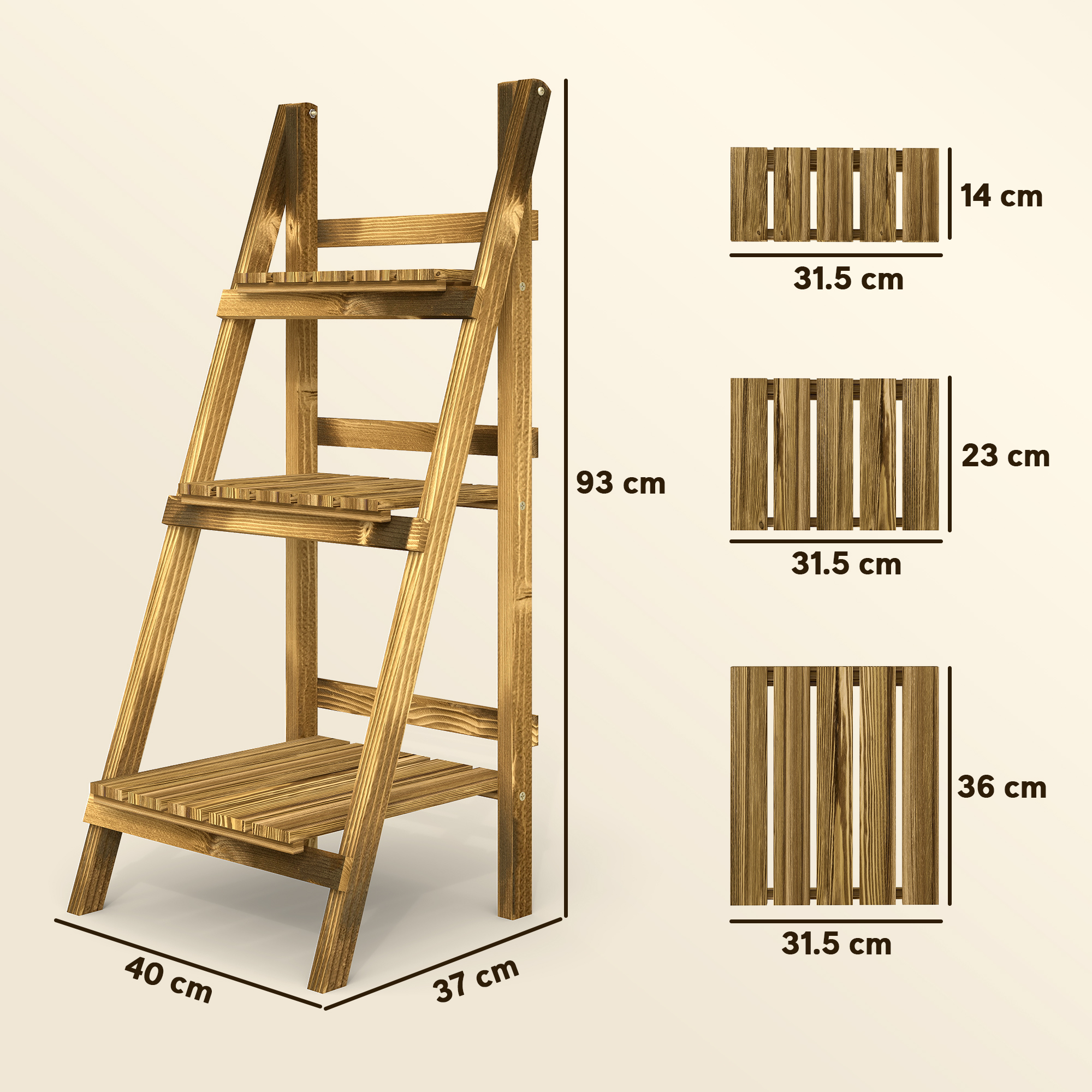  Suport pentru Plante Pliabil, Jardiniera cu 3 Niveluri, Raft de Exterior pentru Plante, 40x37x93 cm, Lemn Natural [2]
