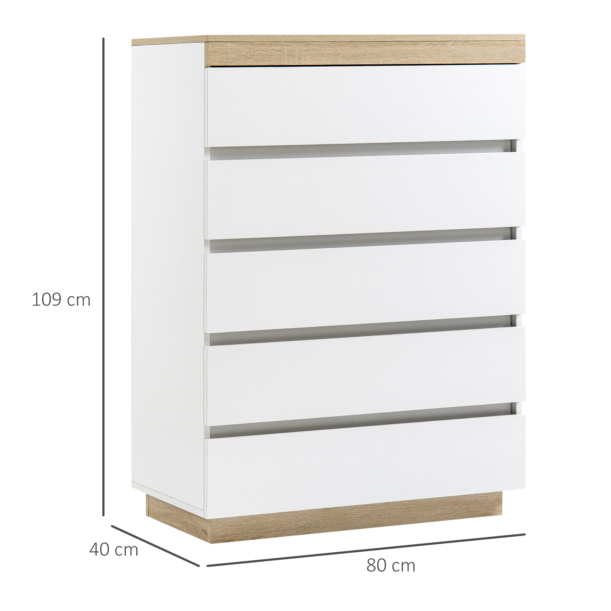  Comoda cu 5 Sertare din Lemn, Comoda pentru Dormitor cu Dispozitiv Anti-Rasturnare, 80x40x109 cm, Alb [2]