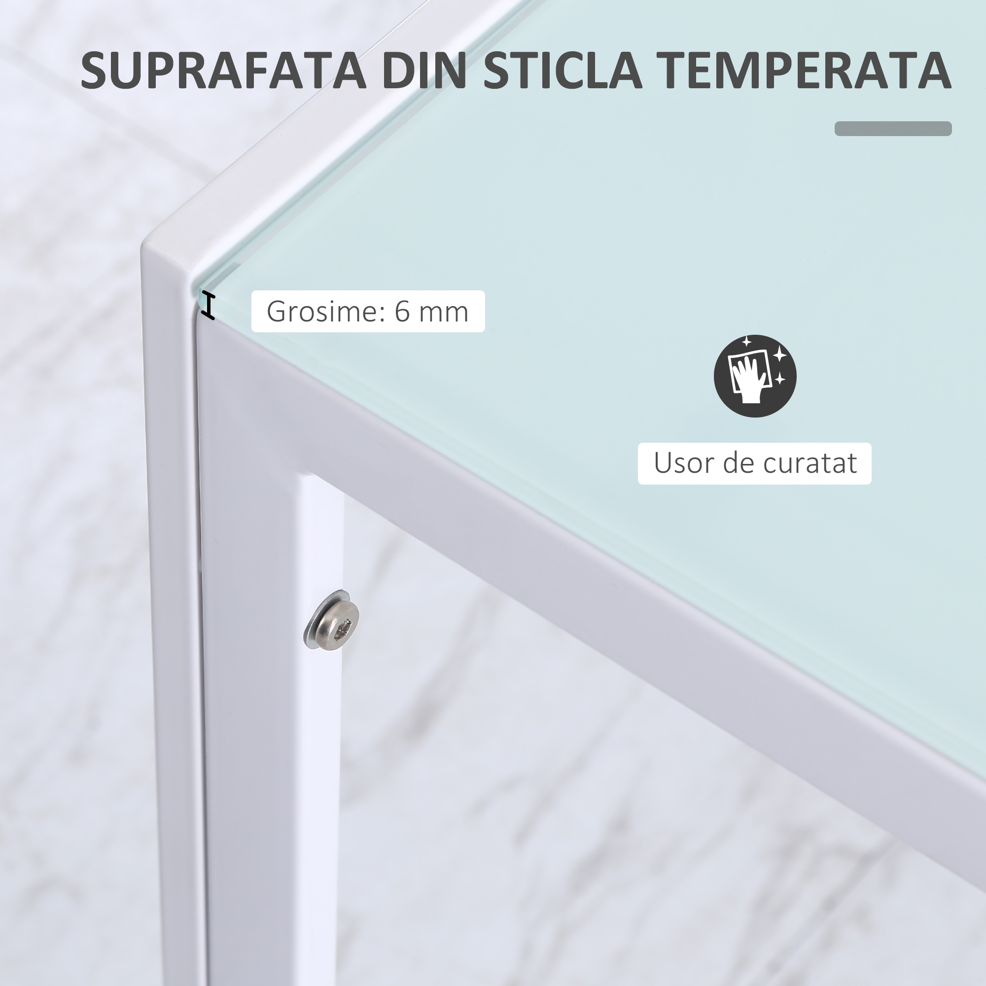  Masa Dreptunghiulara pentru 4 Persoane din Metal si Sticla Securizata, 120x60x75 cm, Alb [3]