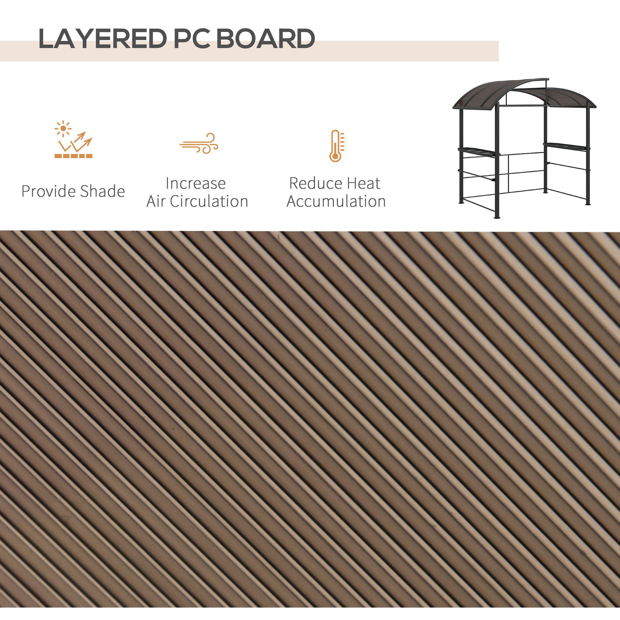  Foisor Gratar cu Acoperis din Policarbonat si 2 Rafturi de Depozitare, Foisor de Gradina Metalic si PC, 240x150x230 cm, Gri inchis [3]