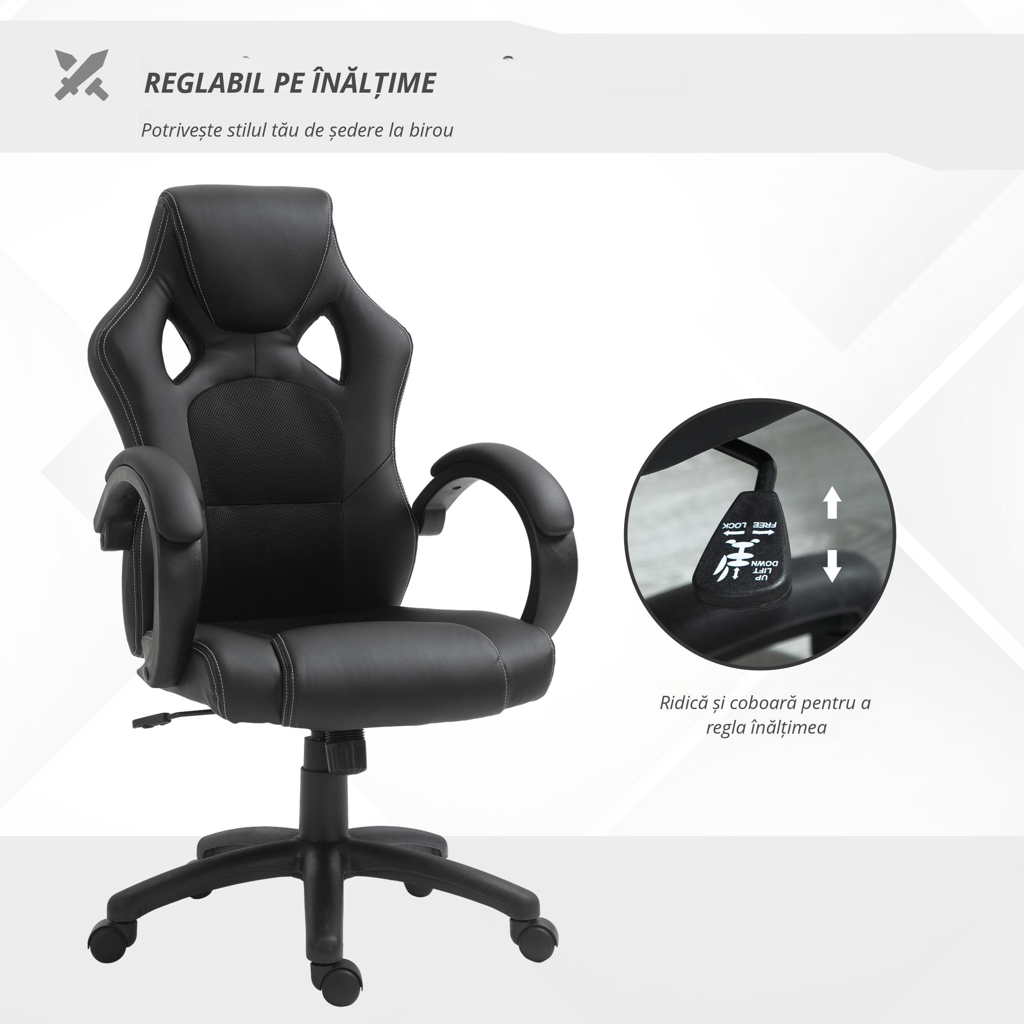  Scaun pentru birou,cu roti rotative la 360°, scaun gaming, inaltimea reglabila, Negru [6]
