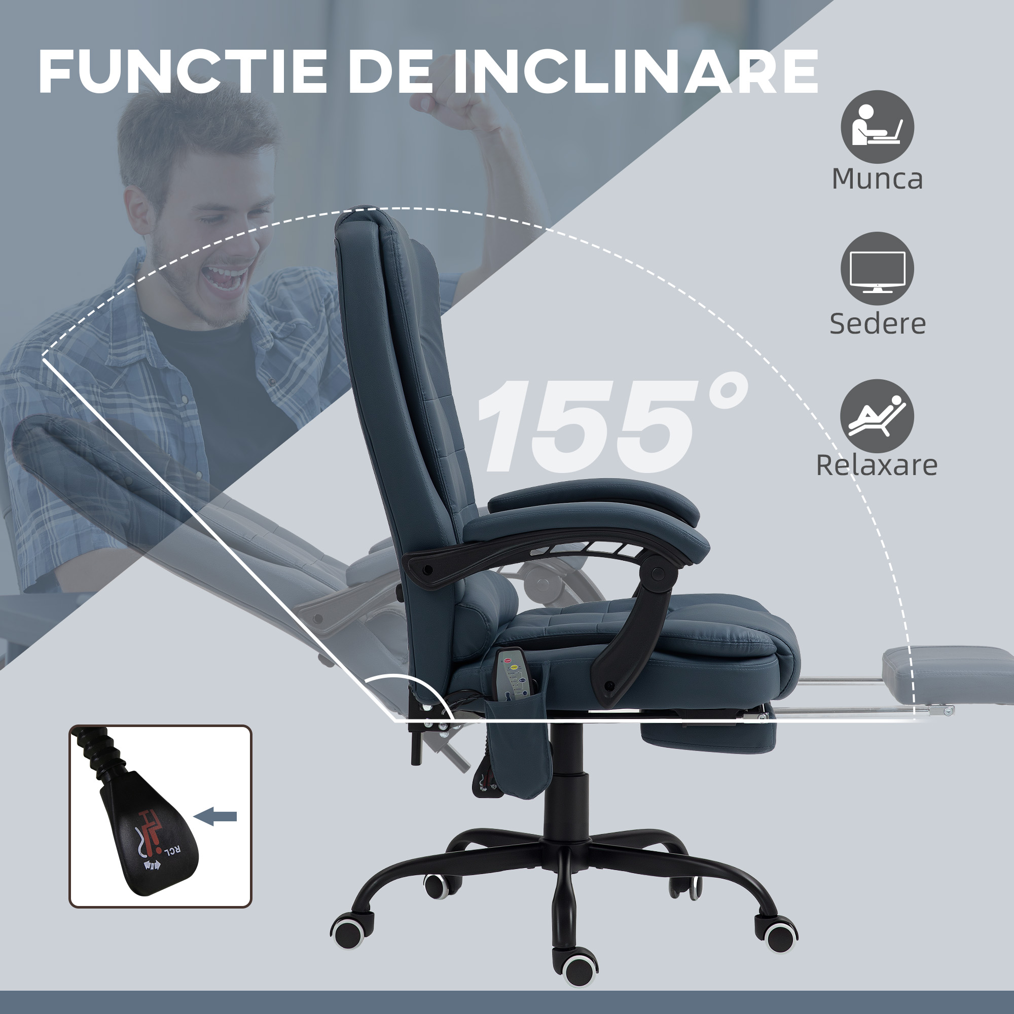  Scaun Birou Ergonomic cu 7 Puncte de Masaj si Suport Picioare Reglabil, Albastru [4]