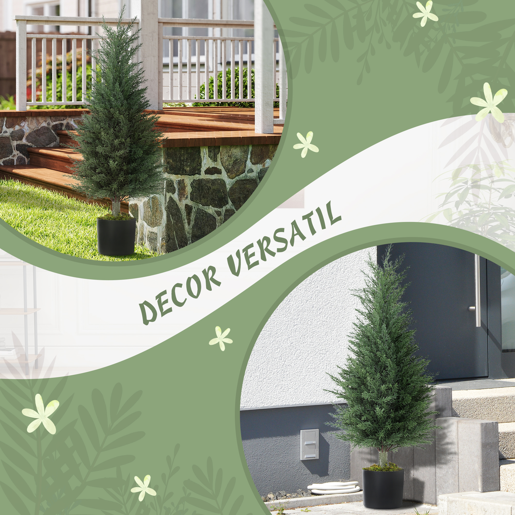  Set 2 Plante Artificiale de Chiparos cu 362 Frunze si Ghiveci cu Ciment si Muschi, Plante Rezistente la UV, Ø40x90 cm, Verde [5]