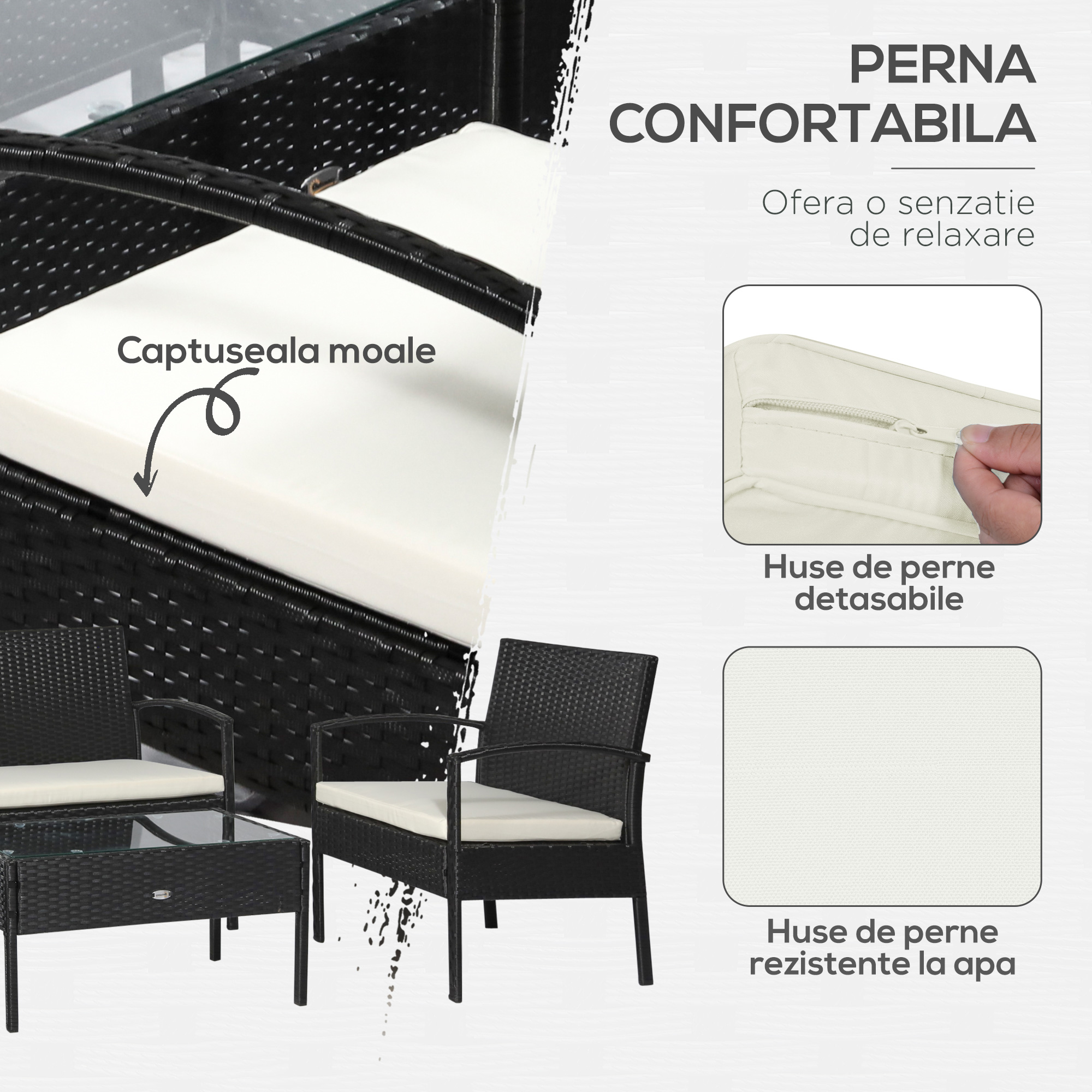  Set Mobila in PE Rattan de Extern cu Masa, 2 Fotolii si Canapea cu Perne, Negru [4]