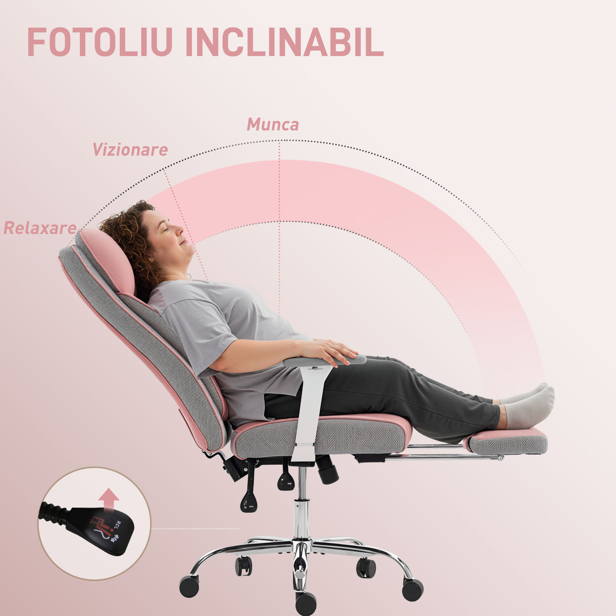  Scaun de birou ergonomic cu brate reglabile, suport pentru picioare si tetiera, roz [6]
