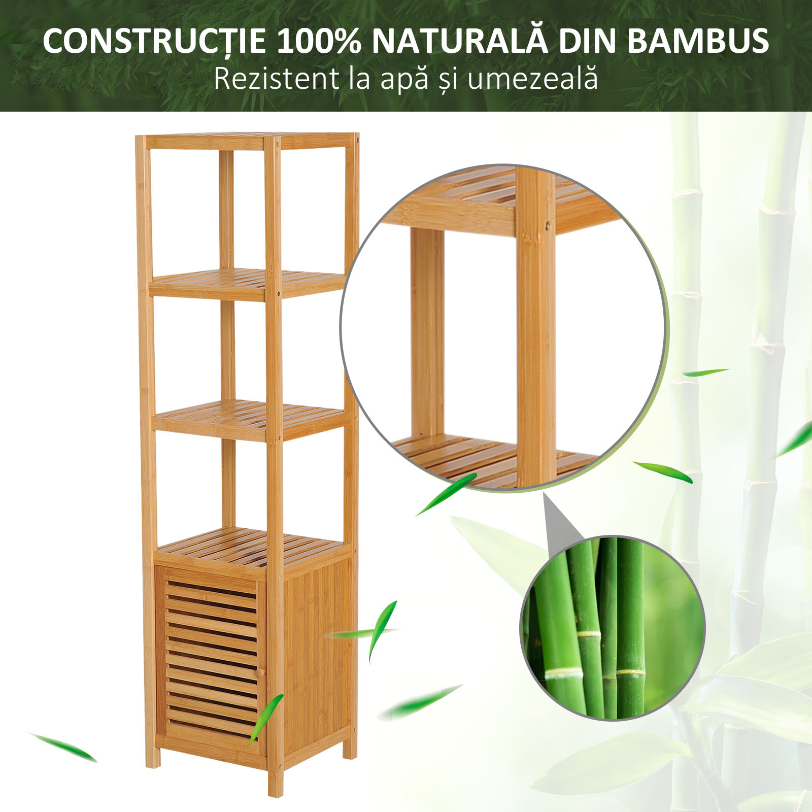  Dulap Coloana pentru Baie din Bambus cu 4 Rafturi si Dulap 36x33x140cm [3]