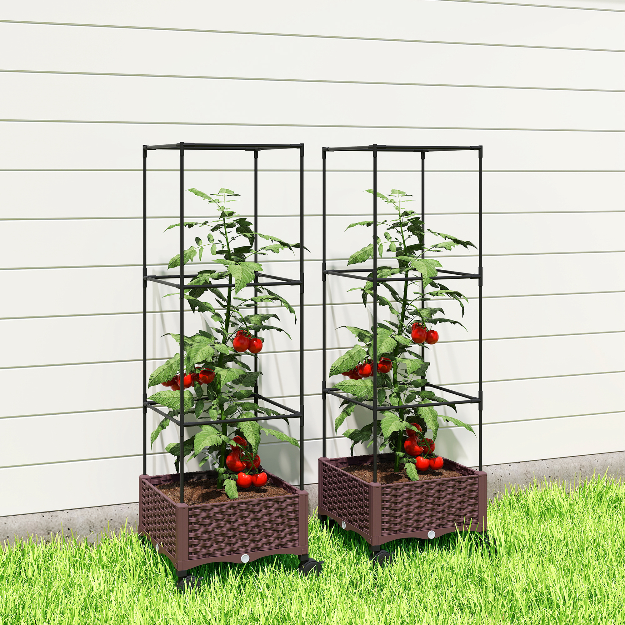  Jardiniera inaltata cu Spalier 20L, Roti Blocabile si Sistem de Autoirigare, Maro [8]