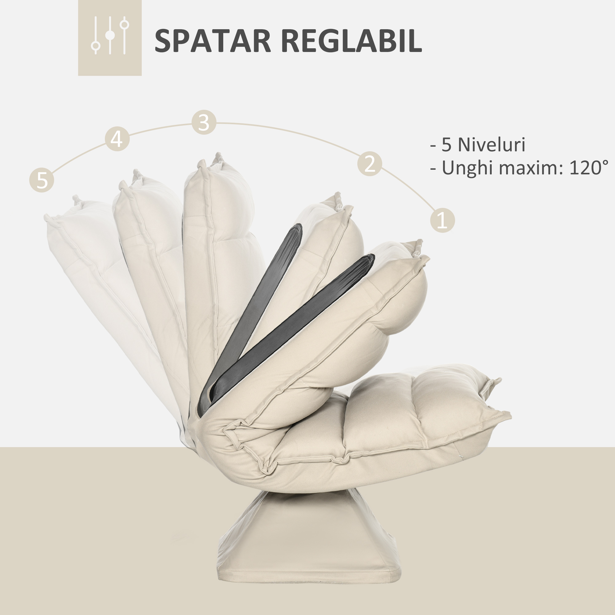 Fotoliu Relax din material capitonat cu pivotare la 360°, fotoliu rabatabil pe 3 nivele 62x62x95cm, bej [3]