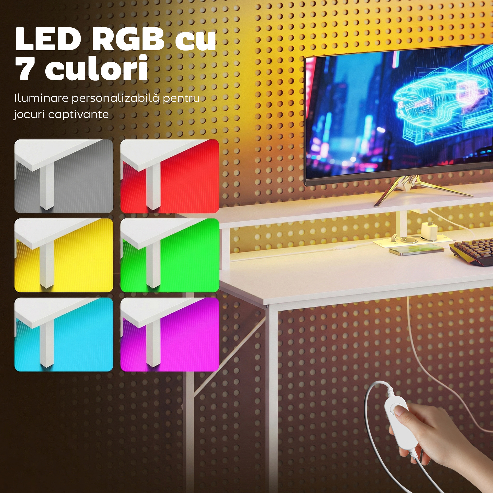 Birou Gaming cu Suport CPU Reglabil Reversibil si LED, 147x47 cm, Statie de incarcare, Suport Monitor, 3 Sertare din Material Textil, pentru Acasa, Birou sau Studio, Alb [4]
