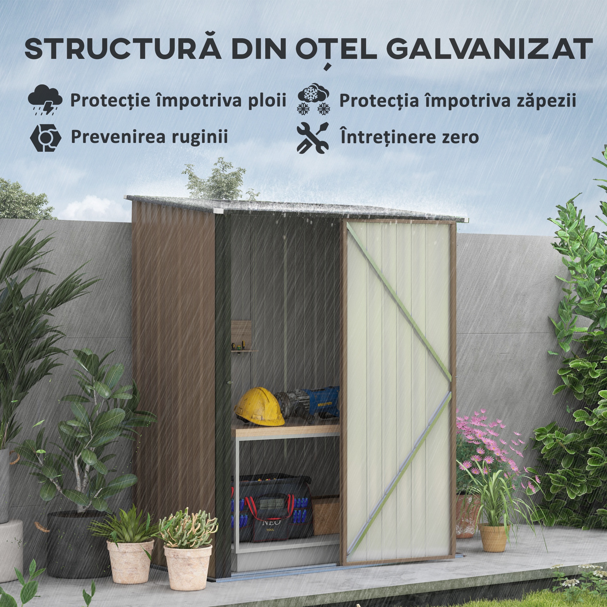  Sopron de Gradina din Otel Suport Scule, Magazie pentru Scule cu Zavor, 161.5x94.5x196cm, Maro [3]