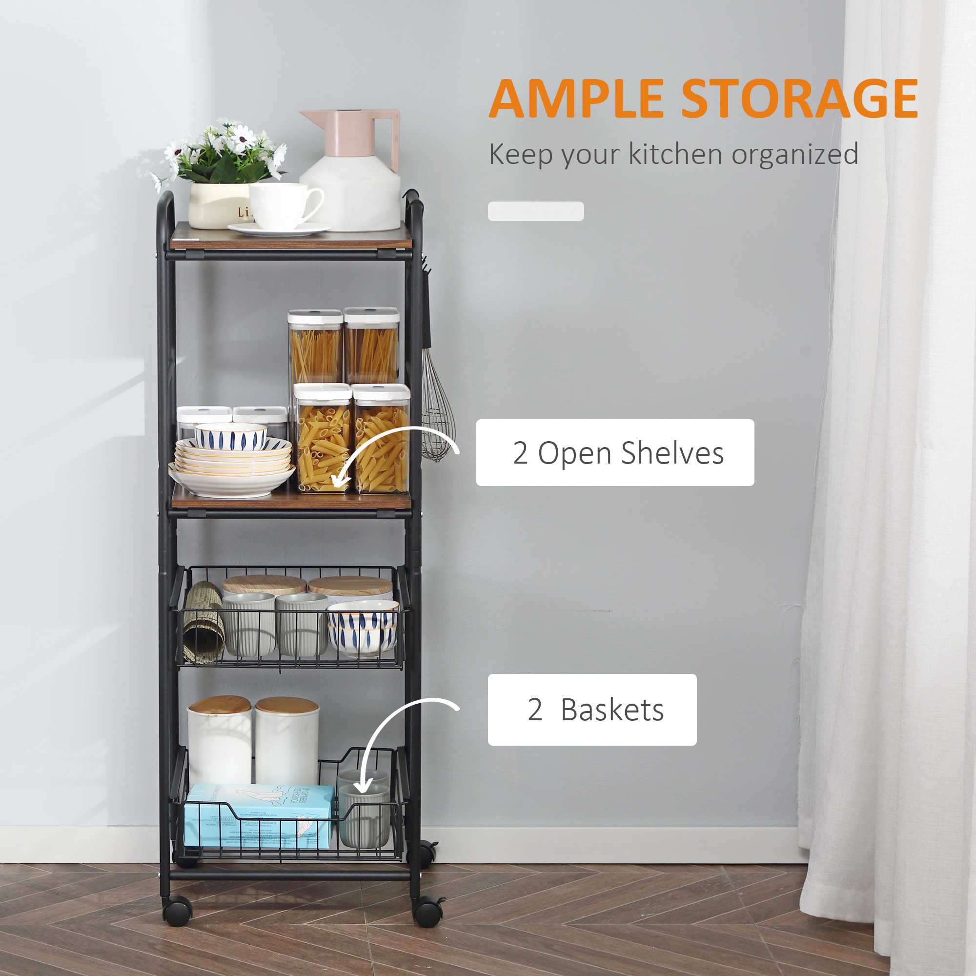  Carucior de bucatarie cu 2 cosuri detasabile din metal, 2 rafturi din PAL si carlige laterale, 40x38x111cm [3]