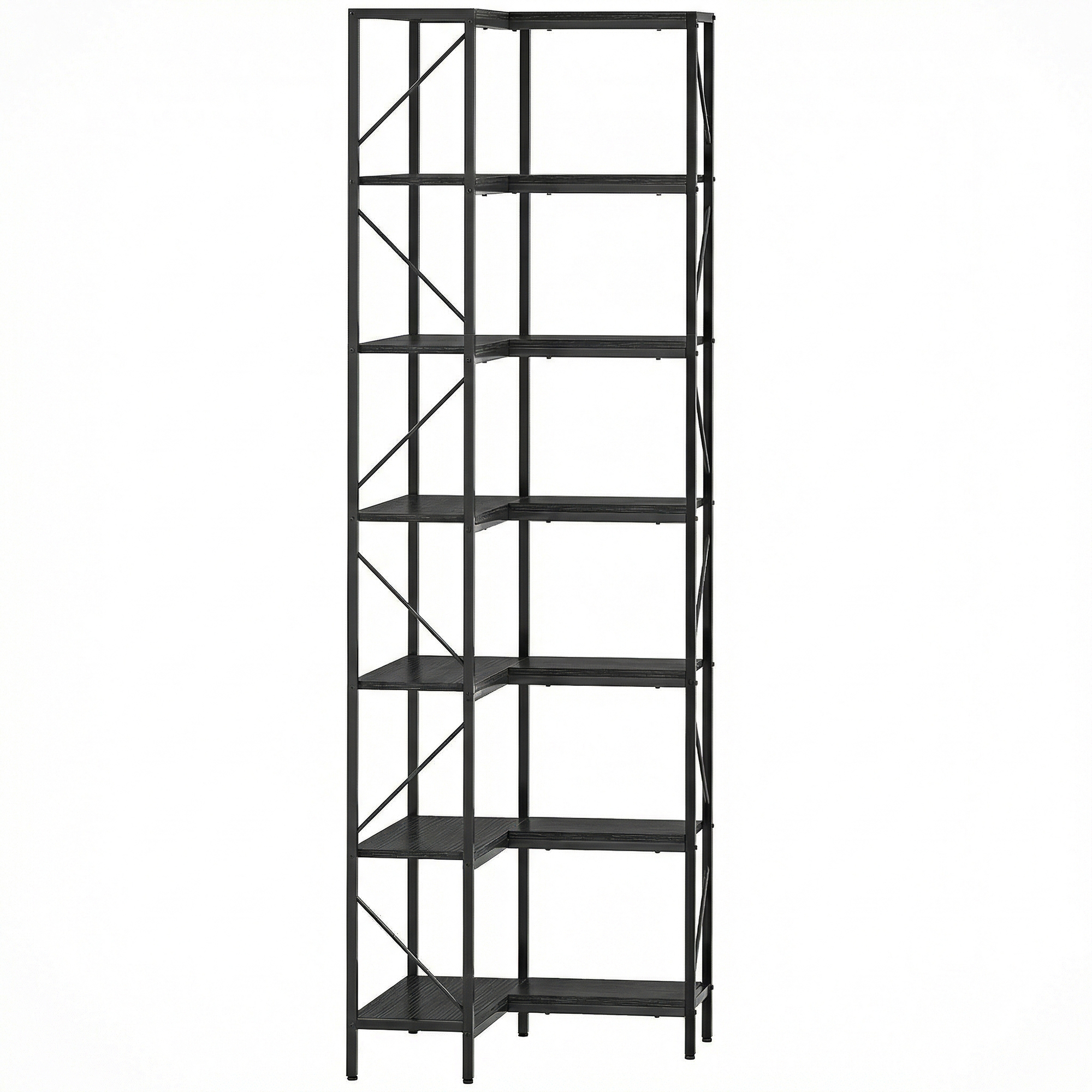 Living & hol -  Biblioteca Coltar cu 7 Rafturi, Stil Industrial, Efect Lemn Negru