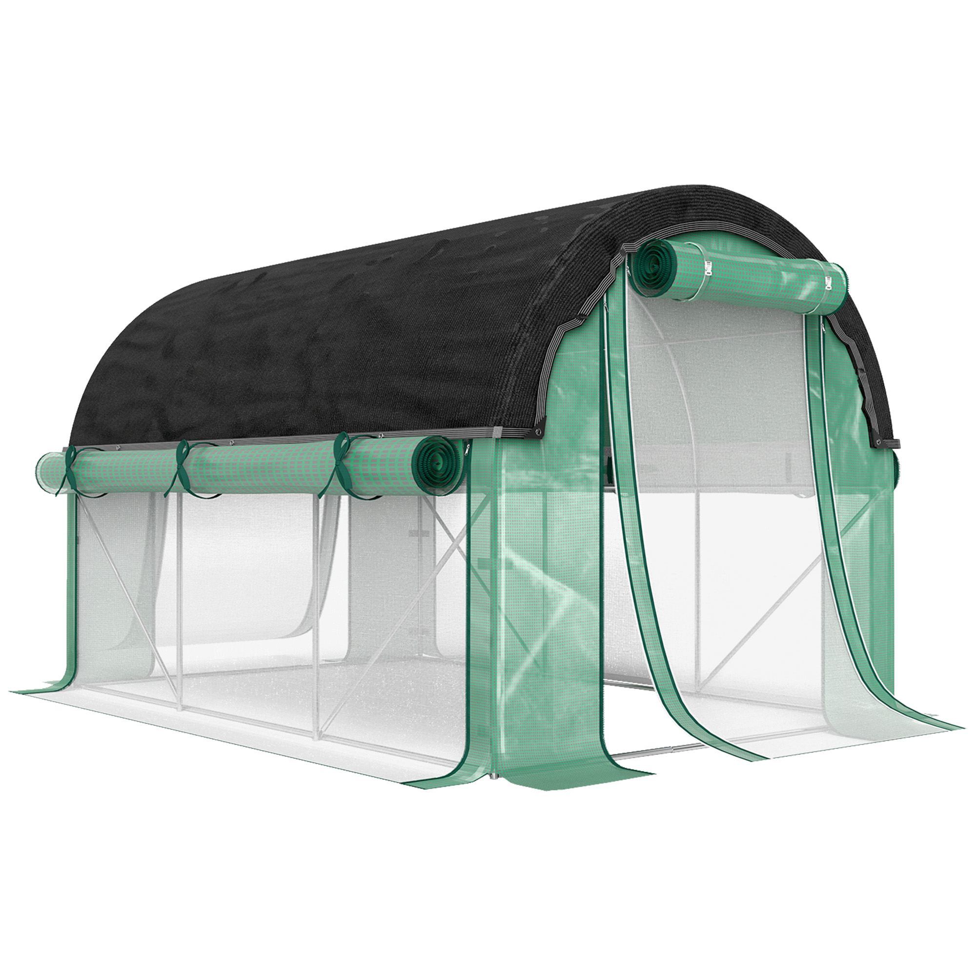 Gradina & balcon -  Sera de Gradina Tip Tunel 3x2x2 m cu Plasa de Umbrire, Sera pentru Gradina 6 Ferestre, 2 Usi si Pereti Laterali Rulabili, Structura din Otel si Acoperis PE, pentru Legume si Flori, Verde