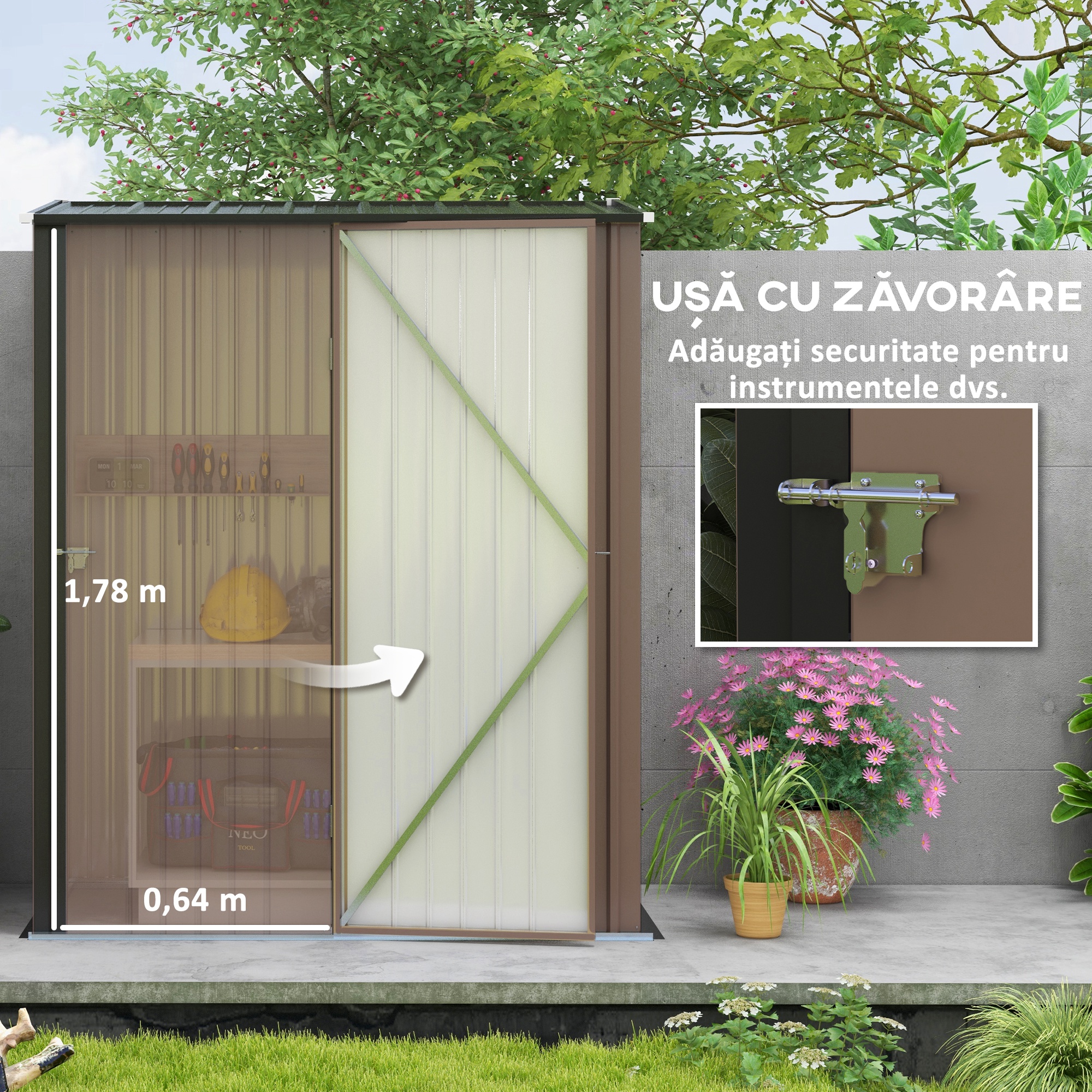  Sopron de Gradina din Otel Suport Scule, Magazie pentru Scule cu Zavor, 161.5x94.5x196cm, Maro [4]