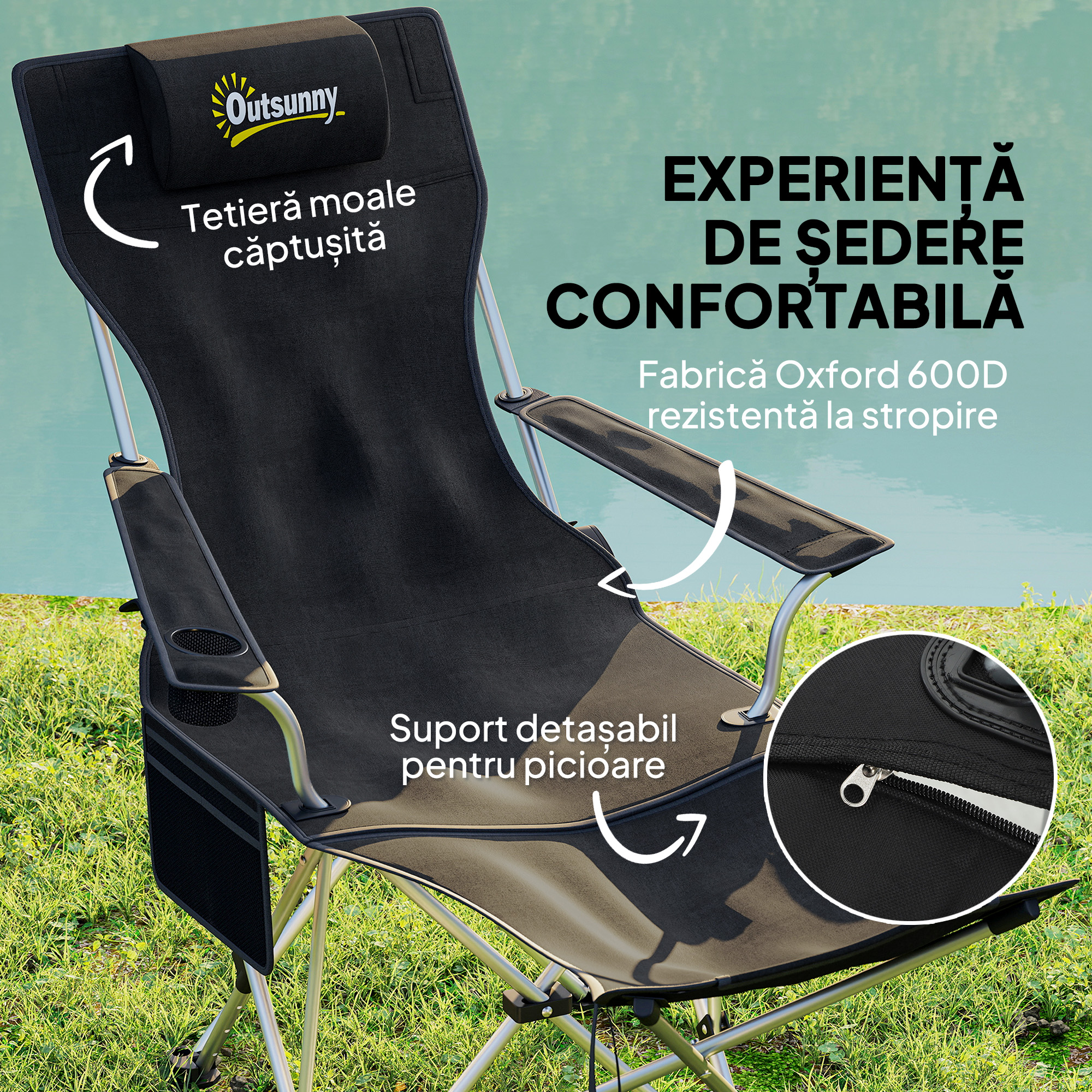  Set 2 Scaune de Camping Pliabile cu Suport pentru Picioare Detasabil si Suport pentru pahare, 82x50/100x88 cm, Negru [3]
