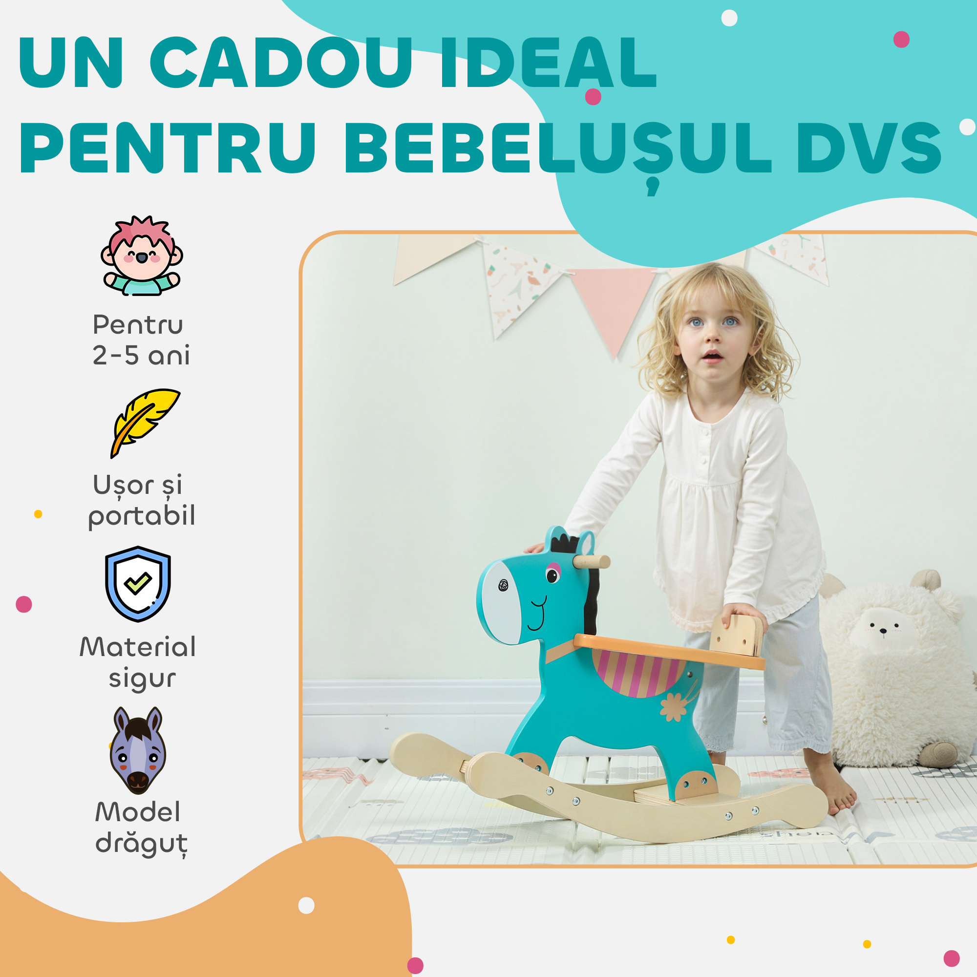  Cal de Lemn in Forma de Magar pentru Copii cu Baza Larga, din Lemn, 59x27x43 cm, Verde inchis si Portocaliu [5]