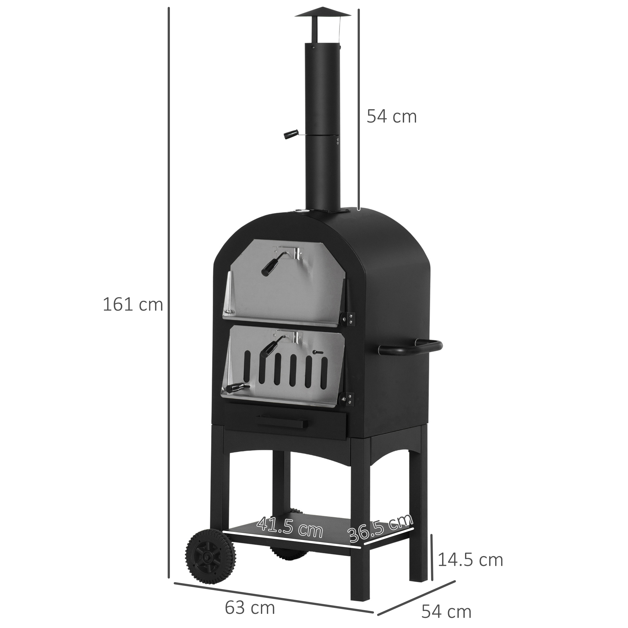  Cuptor Portabil cu Carbune pentru Pizza si Barbecue, Cuptor cu Lemne, Cos de Fum si Raft Inferior, 63x54x161 cm, Negru [2]