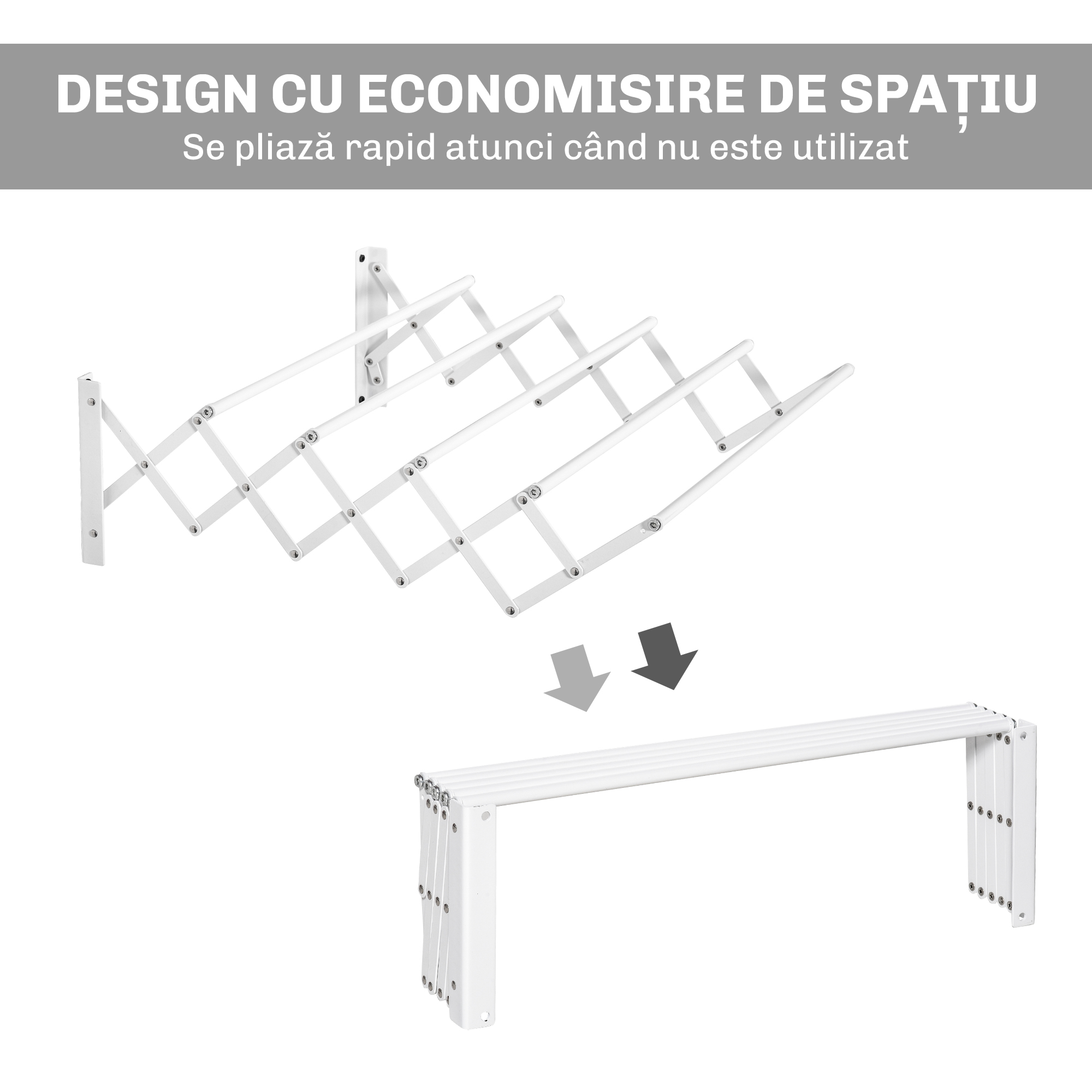  Uscator de Rufe Retractabil pentru Perete, Uscator Pliabil Economisitor de Spatiu din Metal pentru Interior si Exterior, 63,5x60x20 cm, Alb [4]