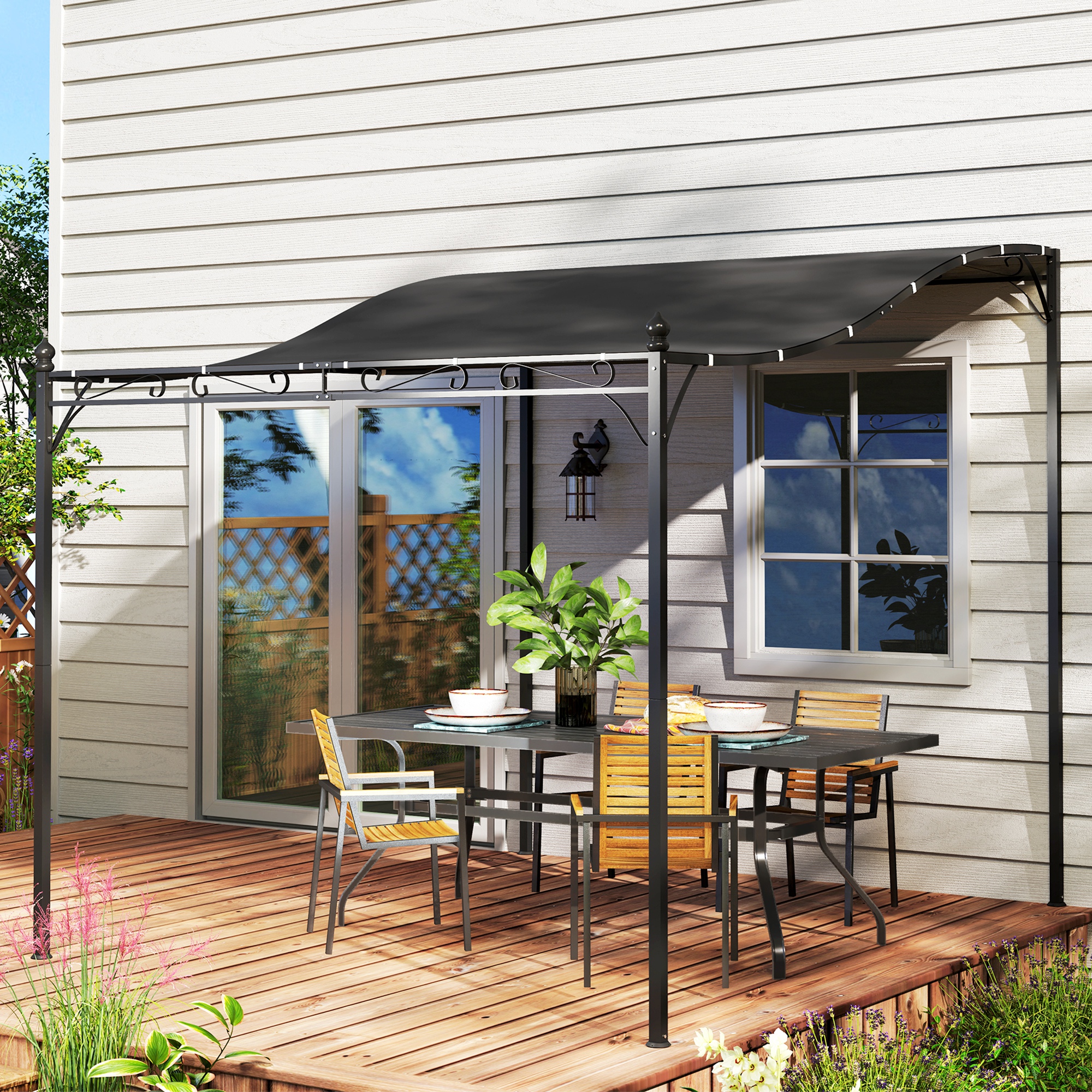  Pergola 2,5 x 3 m, pavilion de gradina montat pe perete, rezistent la apa, cadru metalic, orificii de scurgere, acoperis de umbra, gri inchis [4]