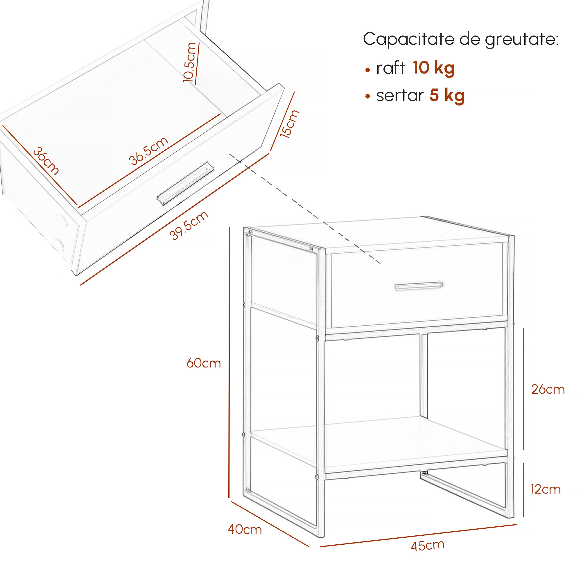  Set din 2 Noptiere Moderne, Noptiere cu Raft si Sertar, Organizatoare de Depozitare pentru Dormitor, 45x40x60 cm, Alb [2]