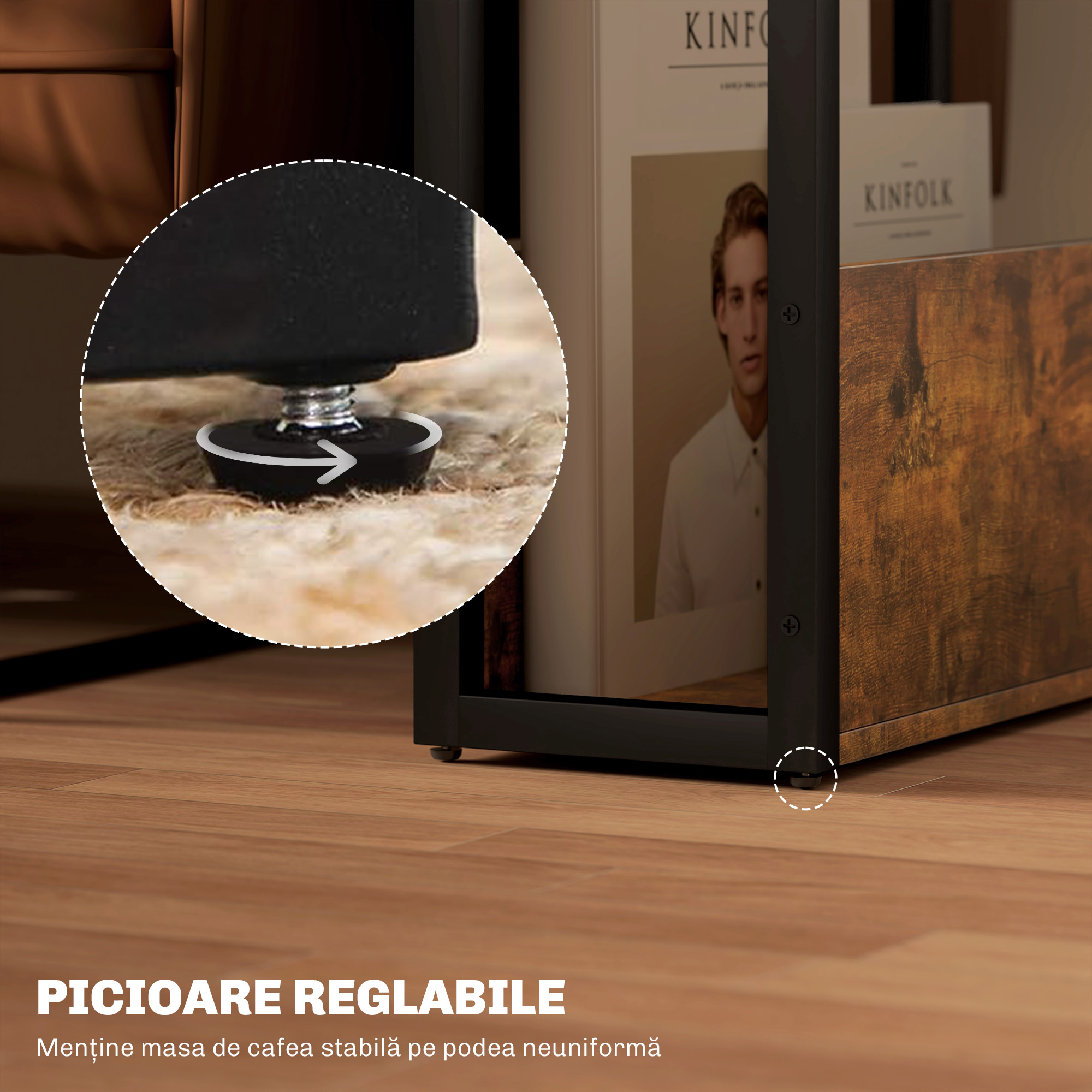  Masa de cafea in stil industrial pentru living, cu 2 rafturi, din lemn si metal, 46x18x58,5 cm, maro [5]