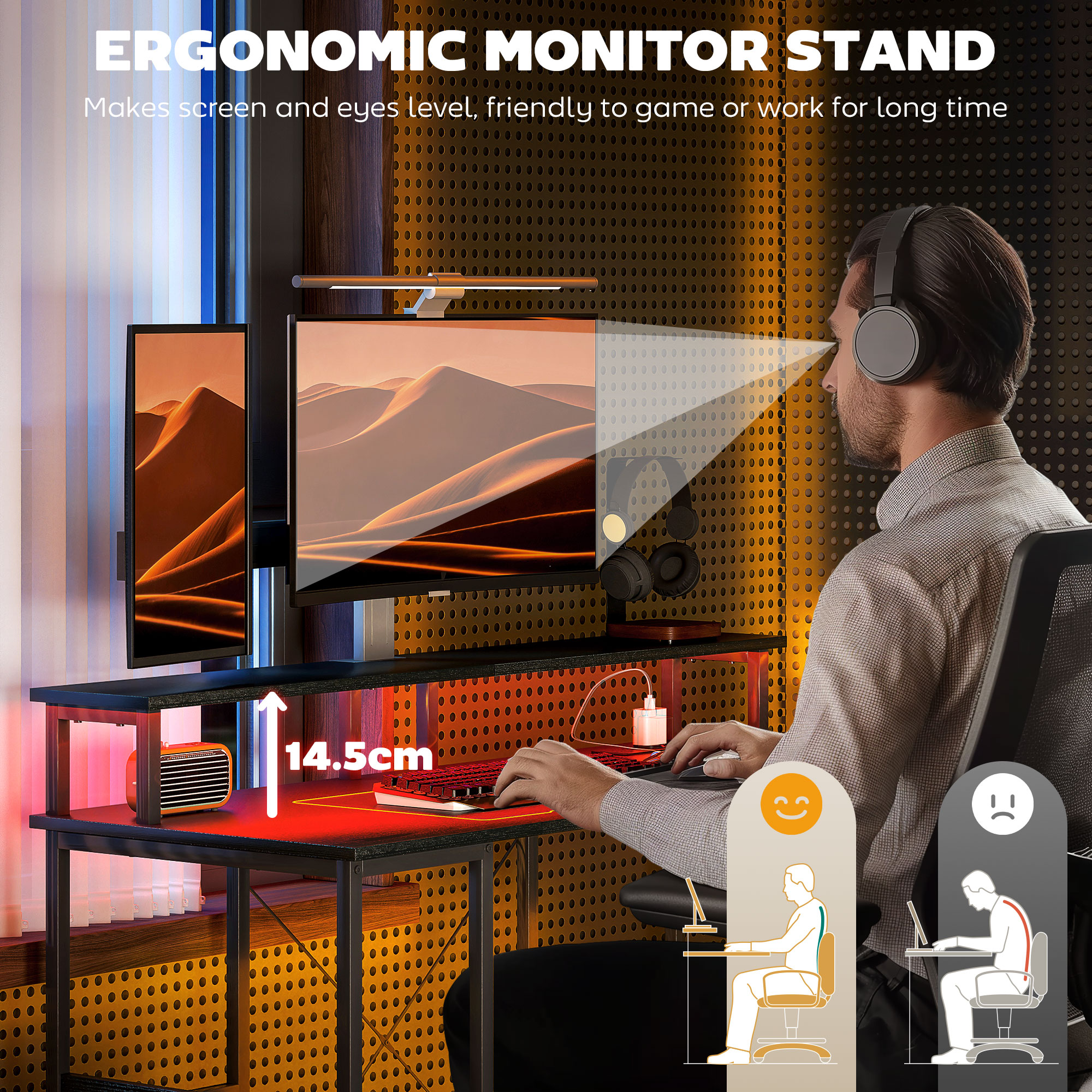  Birou Reversibil pentru Calculator cu Prize, Lumini LED, Suport Dublu si Rafturi Reglabile, 120x50x89,5 cm, Negru [5]