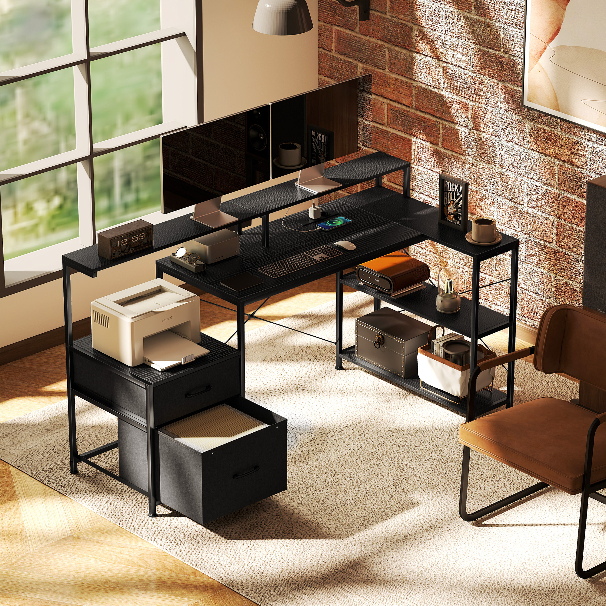  Birou Gaming cu Spatii de Stocare si 2 Suporturi pentru Monitoare, din Lemn si Otel, 165x80x91.5 cm, Negru [8]