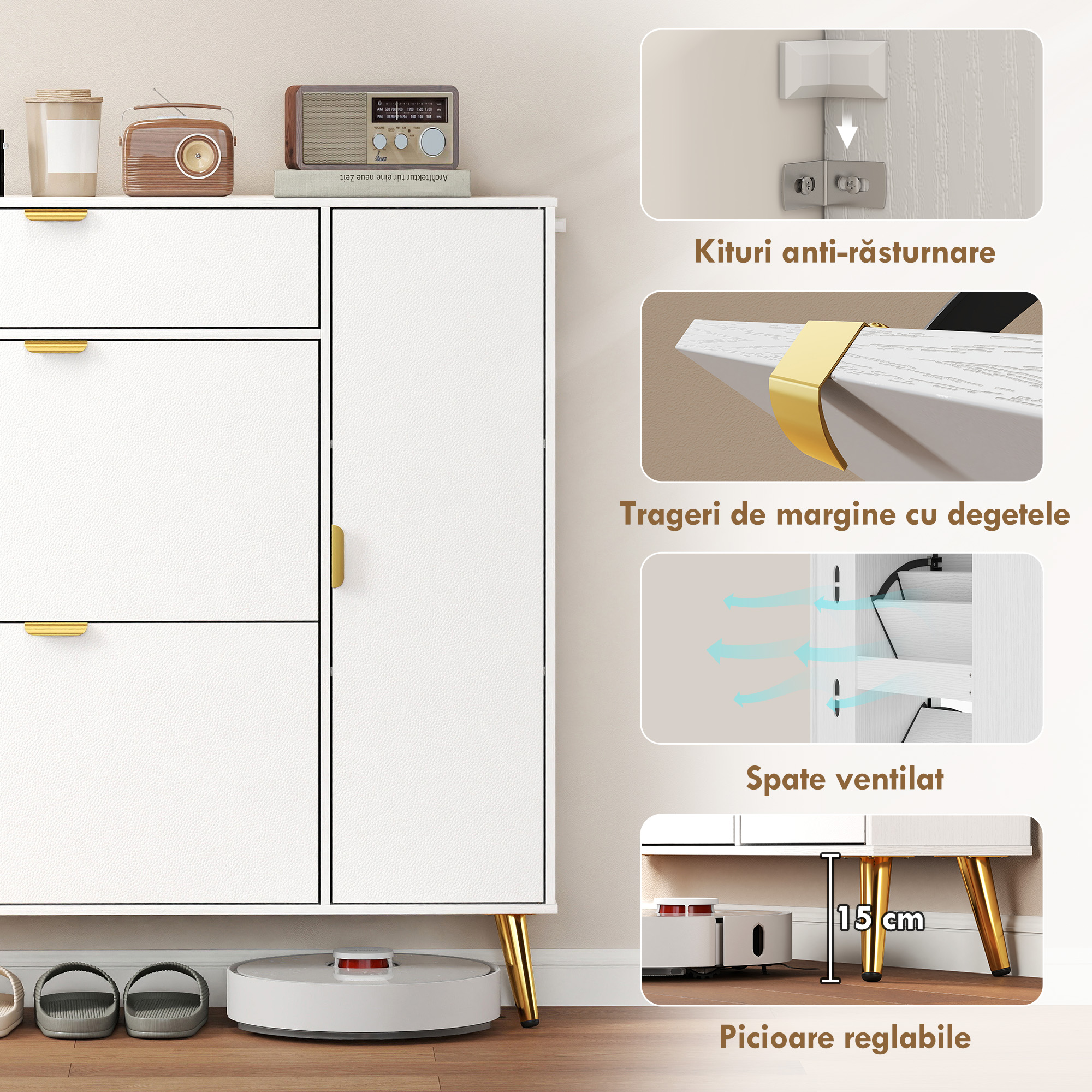  Dulap pentru Pantofi Slim cu Usi Rabatabile, Rafturi Reglabile, pentru 12 Perechi, Alb [8]