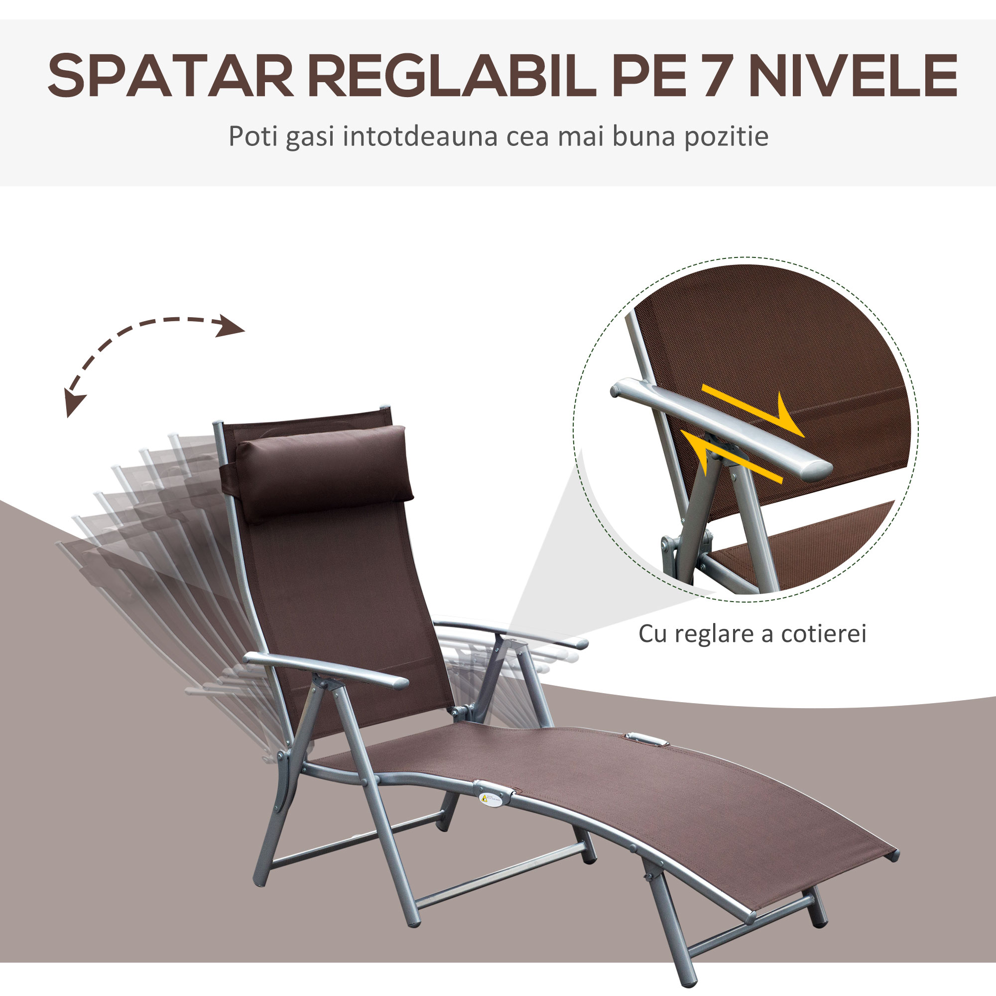  Sezlong Relax Rabatabil Pliabil Schelet in Metal 137x63.5x100.5cm Maro [3]