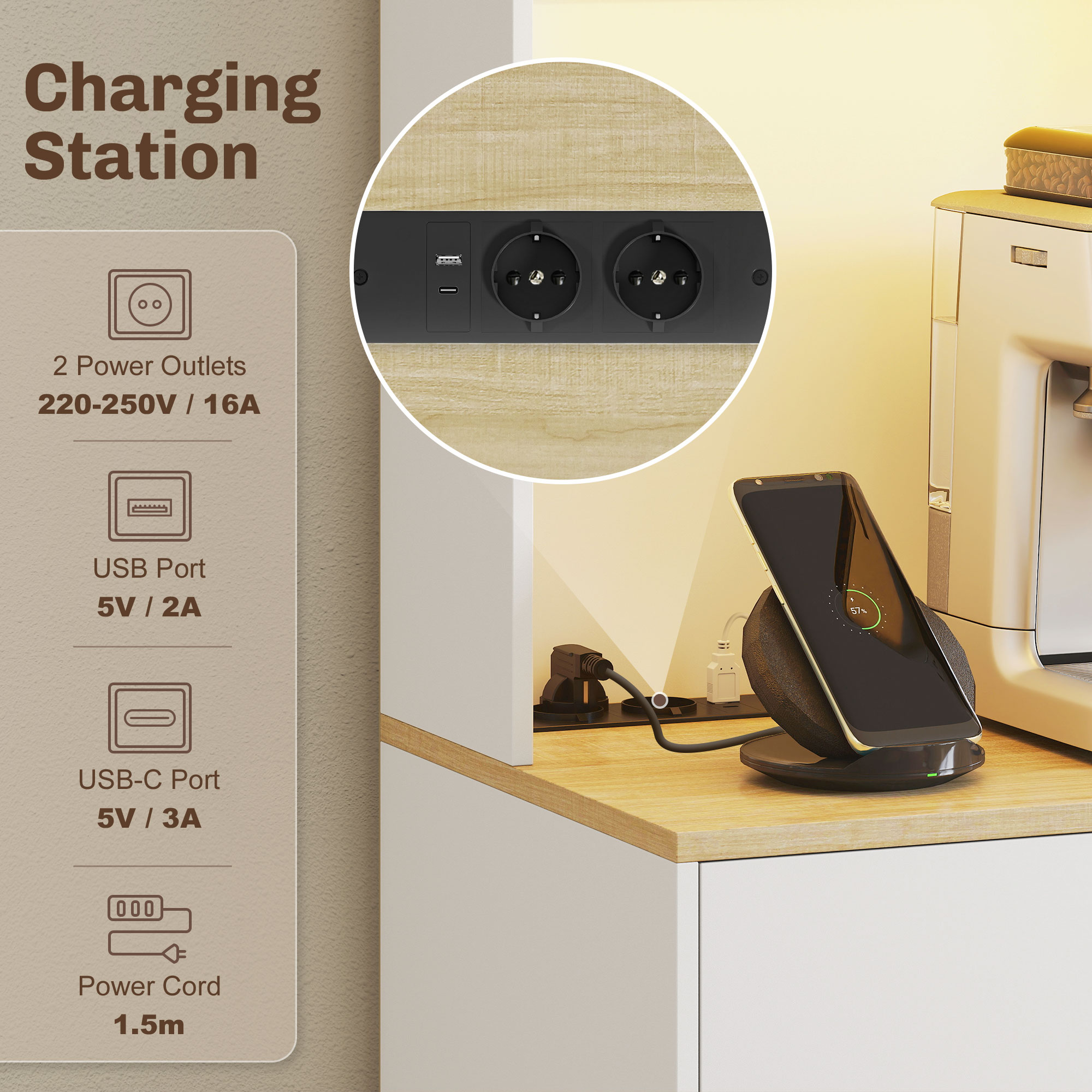  Credenta Moderna cu Lumini, Prize USB, 2 Dulapuri si Sertar Alb [4]