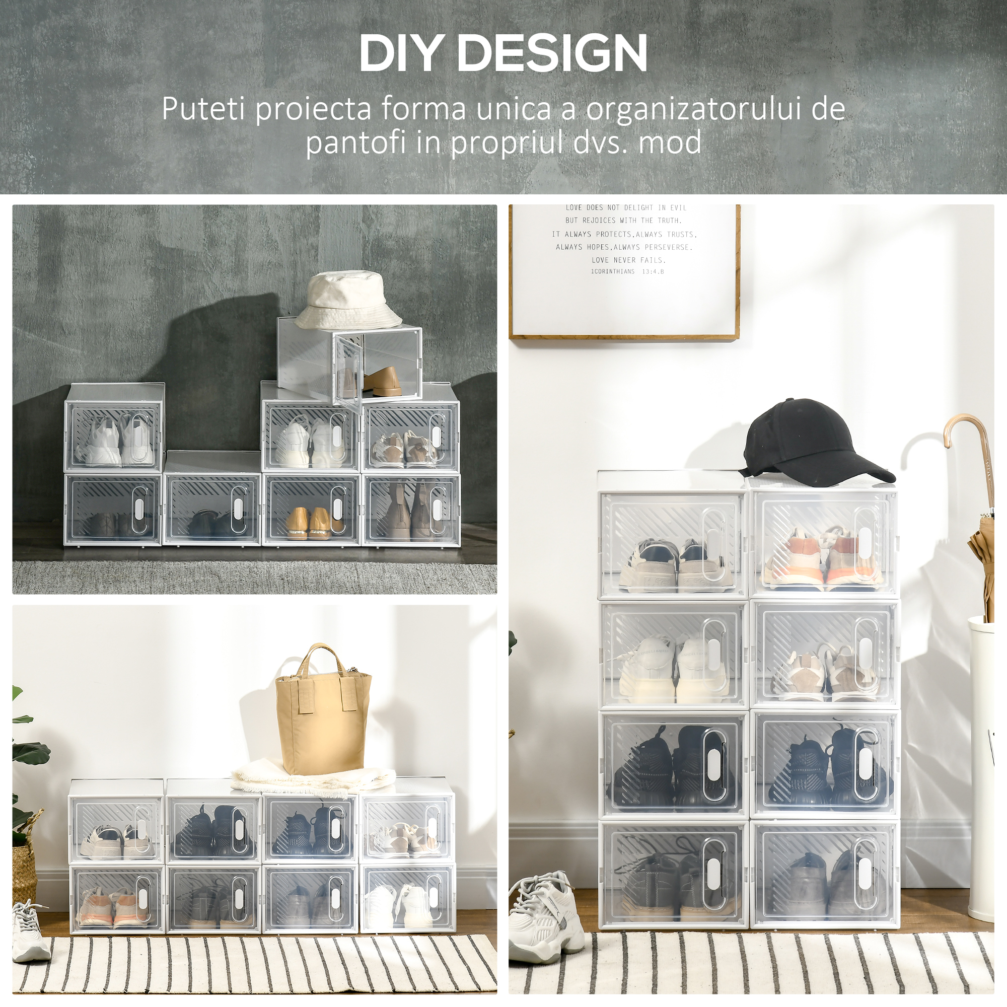  Dulap Modular pentru Pantofi cu 8 Cuburi de Depozitare si Usa Magnetica, din PP, 25x35x19 cm, Alb si Transparent [5]