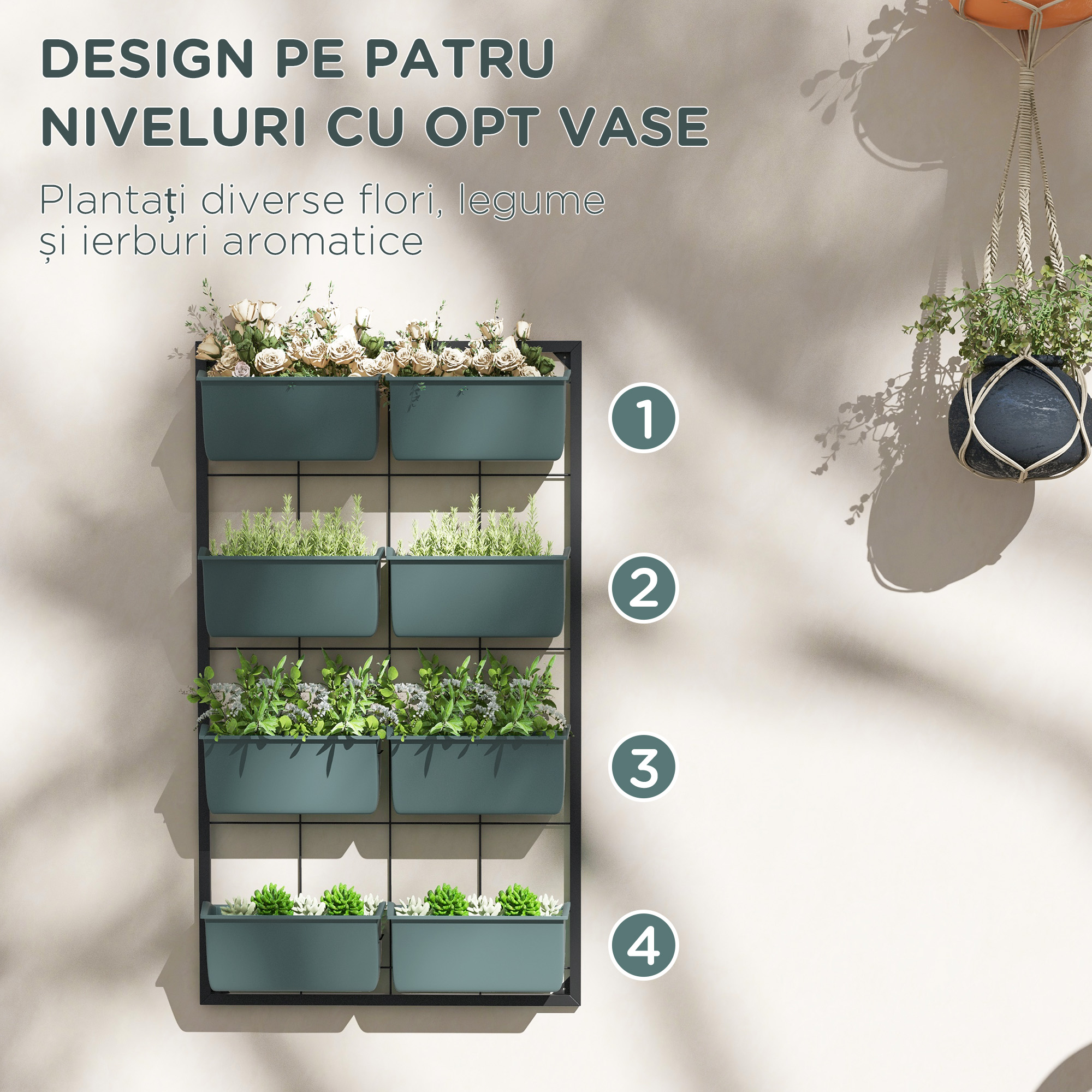  Trepte pentru Plante, 8 Ghivece Stivuibile, Rezistente la Intemperii, 52,5 x 14 x 90 cm, Gri + Negru [4]